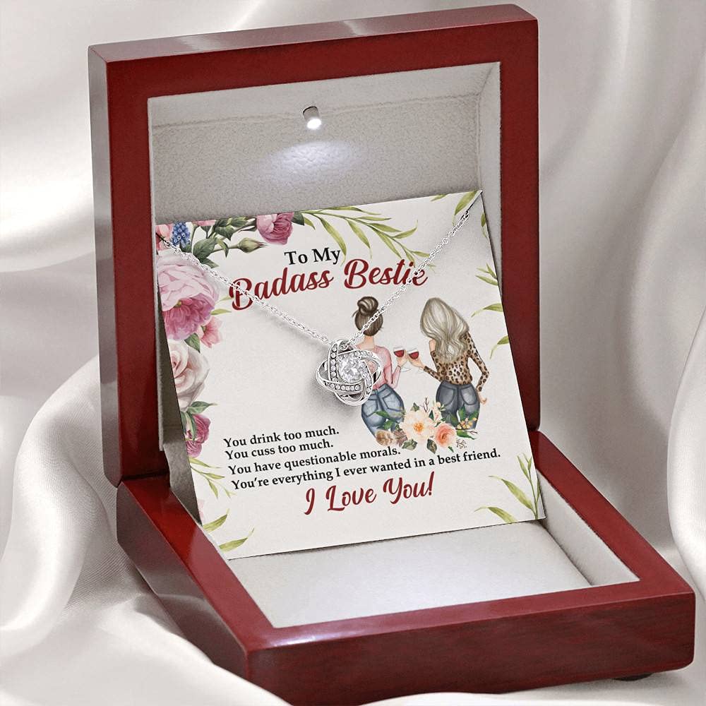 Best Friend Gift - 'To My Badass Bestie' Love Knot Pendant Necklace with Message Card & Luxury Gift Box | Perfect for Birthdays, Anniversaries & Friendship Day Gifts