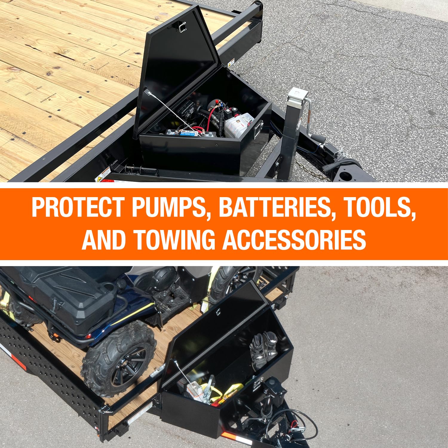 Buyers Products 1701281 Steel Trailer Tongue Box - 12.3 x 12.6 x 27.1 Inch Gloss Black Tool Storage Box | Made in USA | Heavy-Duty Organizer for Camping Gear, Tools & Trailer Accessories | Weatherproof Truck Bed & RV Storage Solution