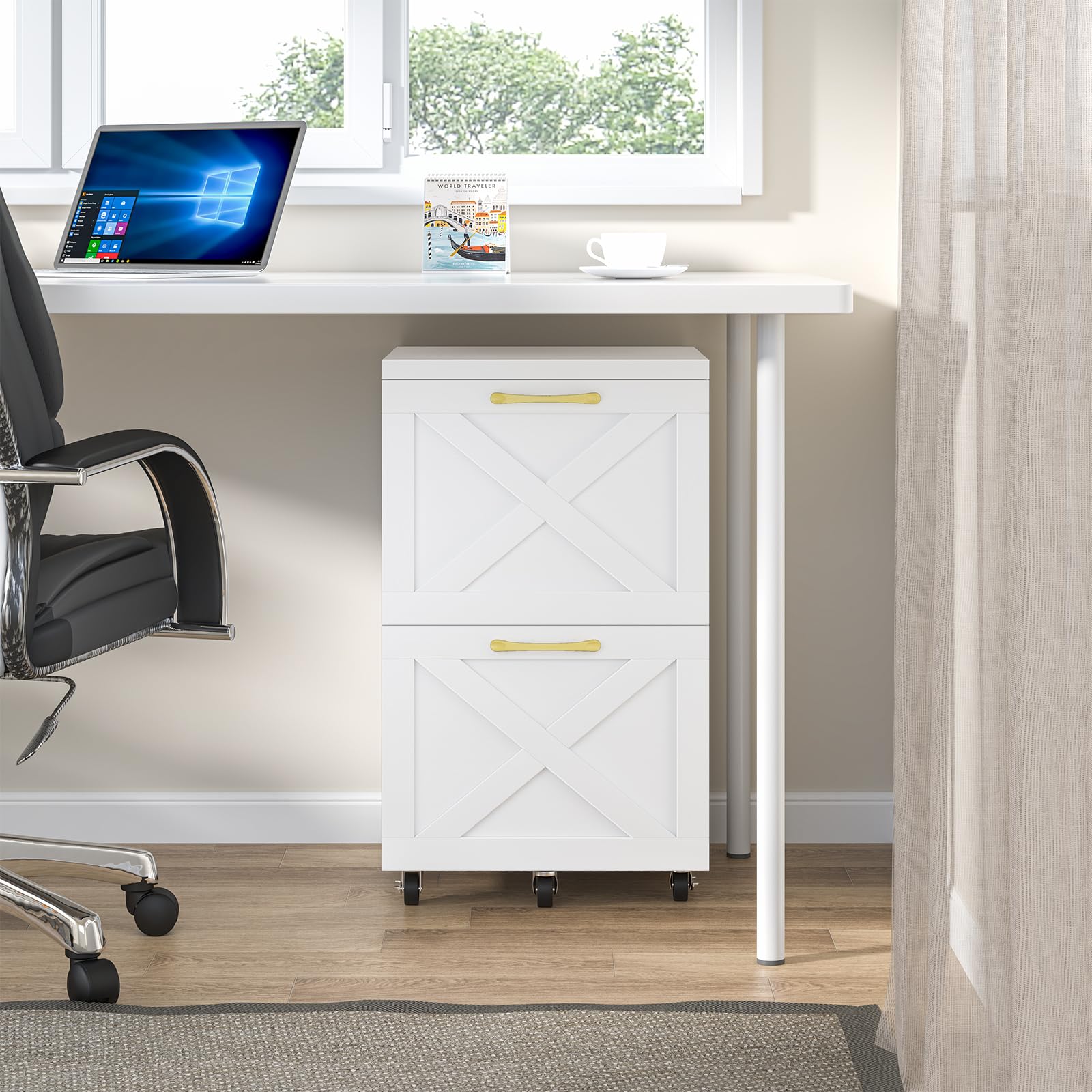 2 Drawer Small File Cabinet with Wheels - Farmhouse Vertical Filing Cabinet for A4 & Letter Size - Under Desk Rolling File Organizer for Home Office - Wooden Printer Stand (White) - Perfect for Organizing Documents & Saving Space in Small Offices
