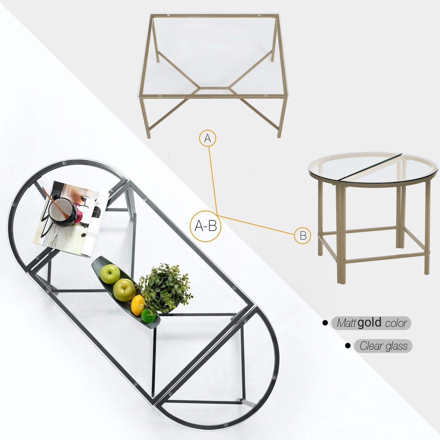 Modern 3-Piece Glass Coffee Table Set - Clear Tempered Glass Top with Gold Metal Frames, Rectangular Center Table & Round Side Tables for Living Room - Easy Assembly Home Lounge Furniture for Apartments, Dorms & Office Spaces