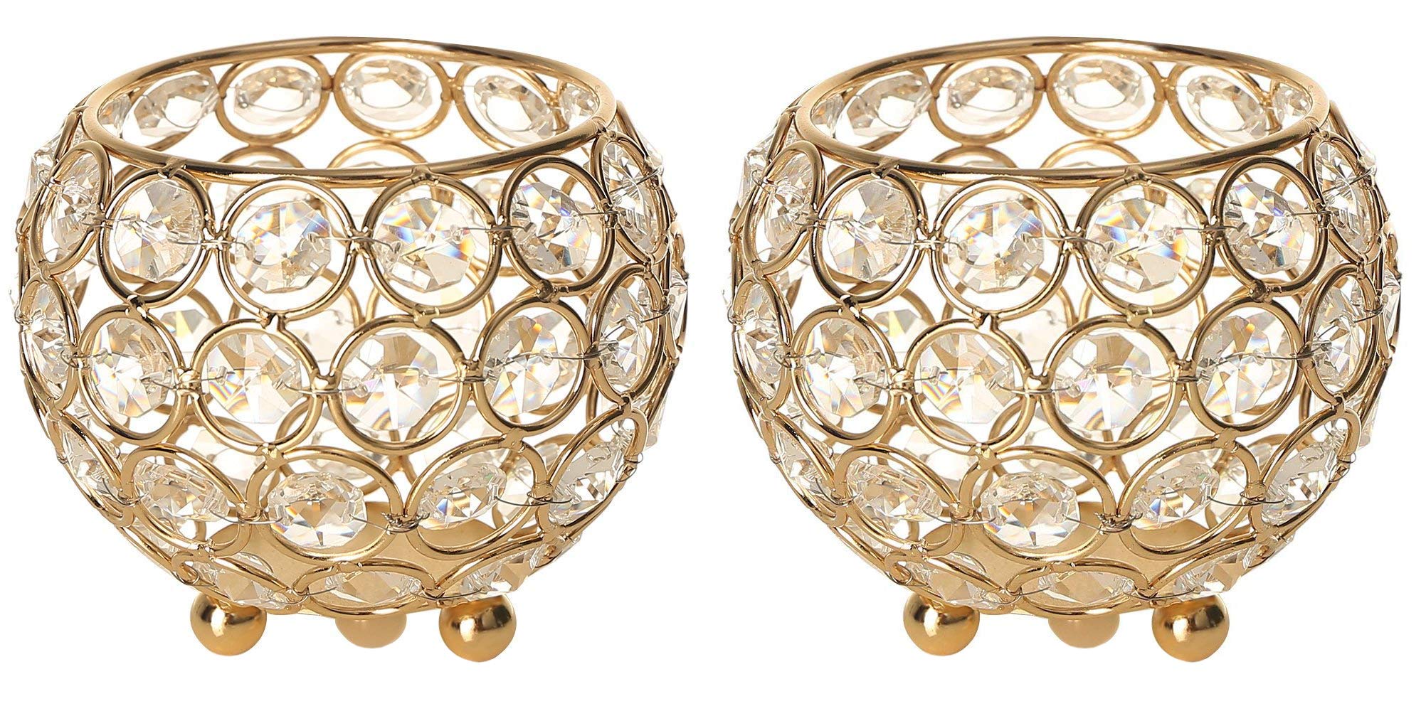 Klikel Gold Globe Candle Holder with Acrylic Crystals - Elegant Wedding Anniversary Centerpiece Decor - Set of 2 Glass Votive Candle Lanterns - Perfect for Romantic Dinners, Holiday Tablescapes & Home Decor