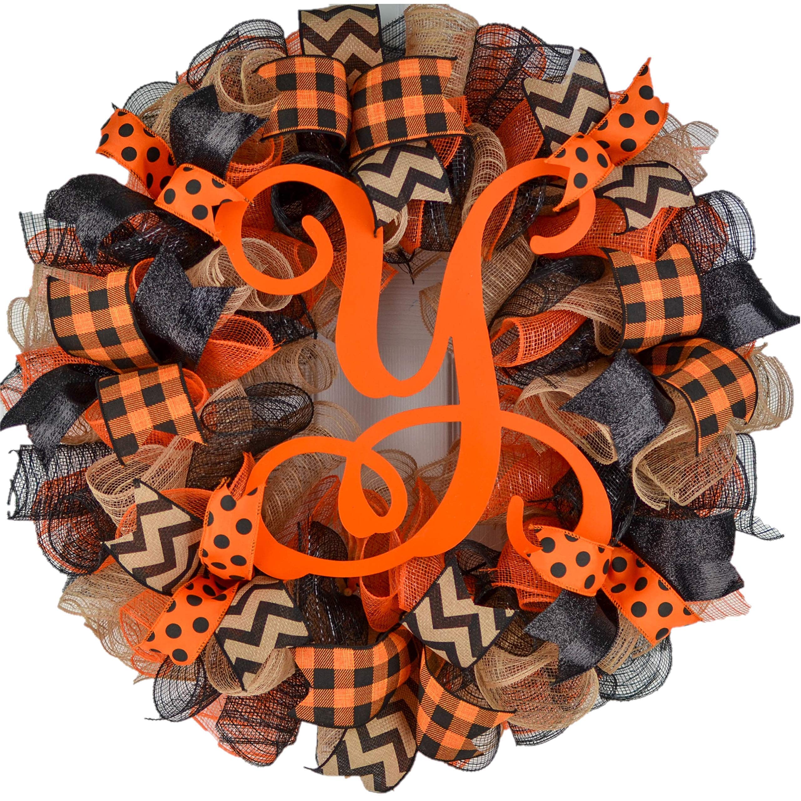Halloween Office Decor - Black Burlap Orange Farmhouse Monogram Letter Wreath for Door | Spooky Welcome Sign for Halloween Party, Home & Office Decoration
