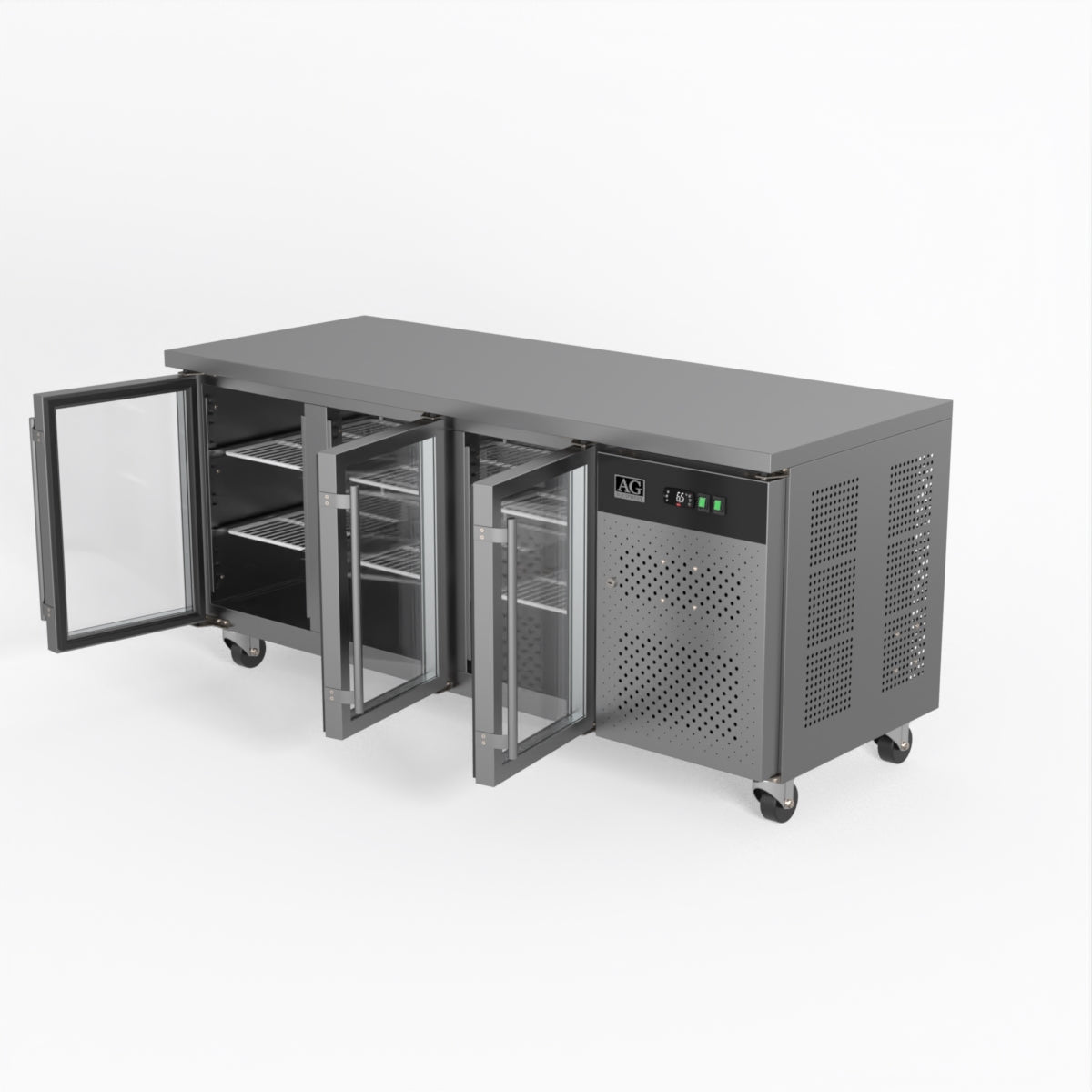 Commercial Glass Door Refrigerator - 3 Door Under Counter Display Fridge with 700mm Depth (Model GNX3100TNG) - Perfect for Restaurants, Cafes, and Retail Stores