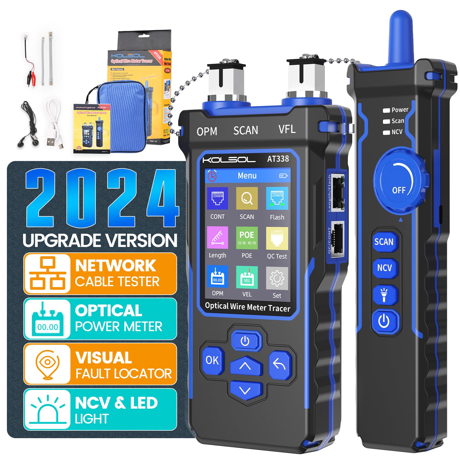 Professional Network Cable Tester with 7-Wavelength Optical Power Meter - CAT5/CAT6 Ethernet Tester, 10mW Visual Fault Locator, RJ11/RJ45 Connector - Lithium Battery PoE Wire Tracer with NCV & LED Light (Blue) - Ideal for IT Technicians, Network Installations & Home Office Setup