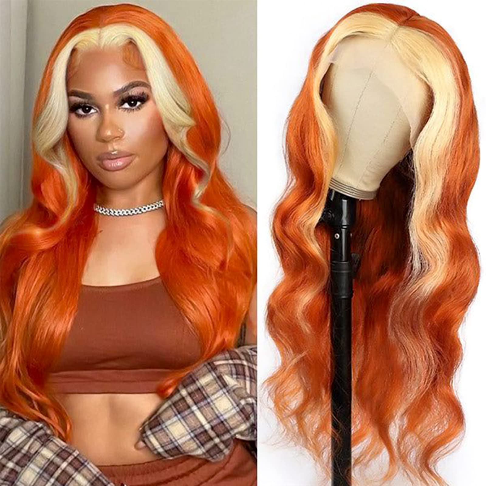 13x4 Lace Front Human Hair Wig - Ginger Orange with 613 Blonde Highlights | 20 Inch Body Wave Skunk Stripe Wig for Black Women | Perfect for Cosplay, Halloween, Parties & Daily Wear
