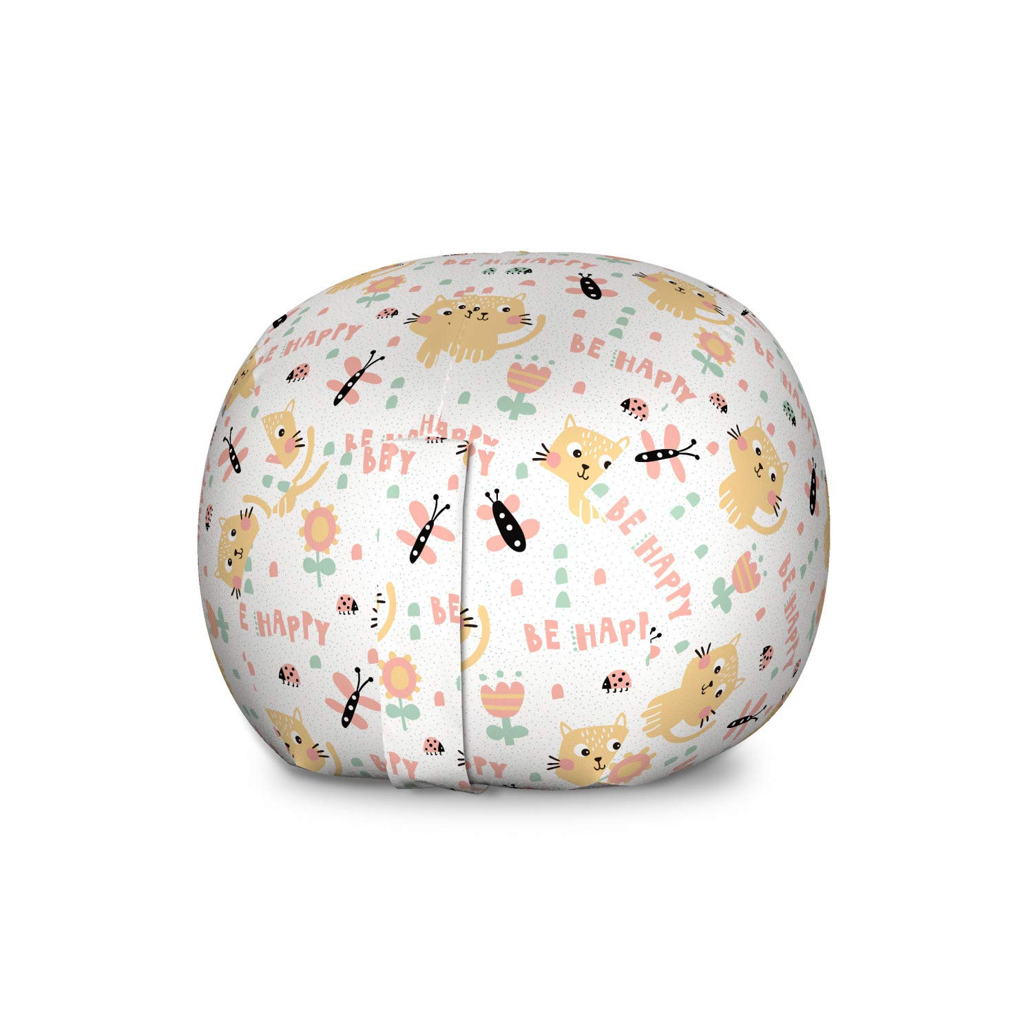 Ambesonne Kids Cartoon Toy Storage Bag Chair - Pastel Kitten Butterfly Ladybug & Flower Design, Large Washable Stuffed Animal Organizer for Bedroom, Playroom & Nursery | Multicolor