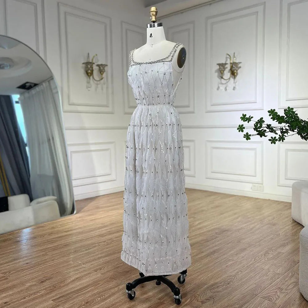 Luxury Crystal Dubai White Evening Dress for Women - Square Neckline Midi Formal Gown for Wedding, Prom, Party | Elegant & Comfortable for Special Occasions