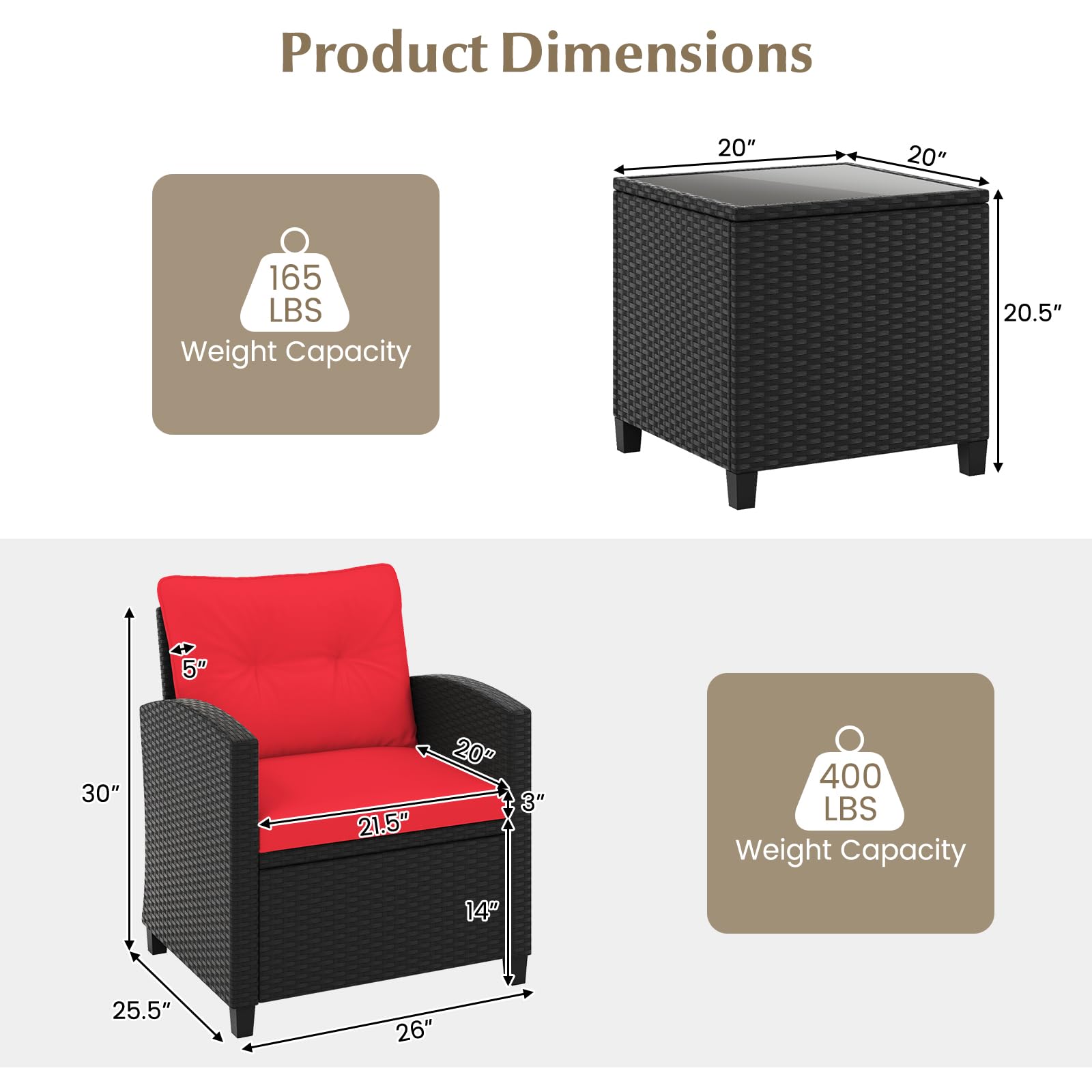Tangkula 3-Piece Outdoor Patio Furniture Set - Rattan Wicker Sofa Set with Soft Cushions & Glass Coffee Table - Durable Conversation Set for Backyard, Porch, Poolside, Garden (Red) - Perfect for Relaxing, Entertaining & Outdoor Gatherings