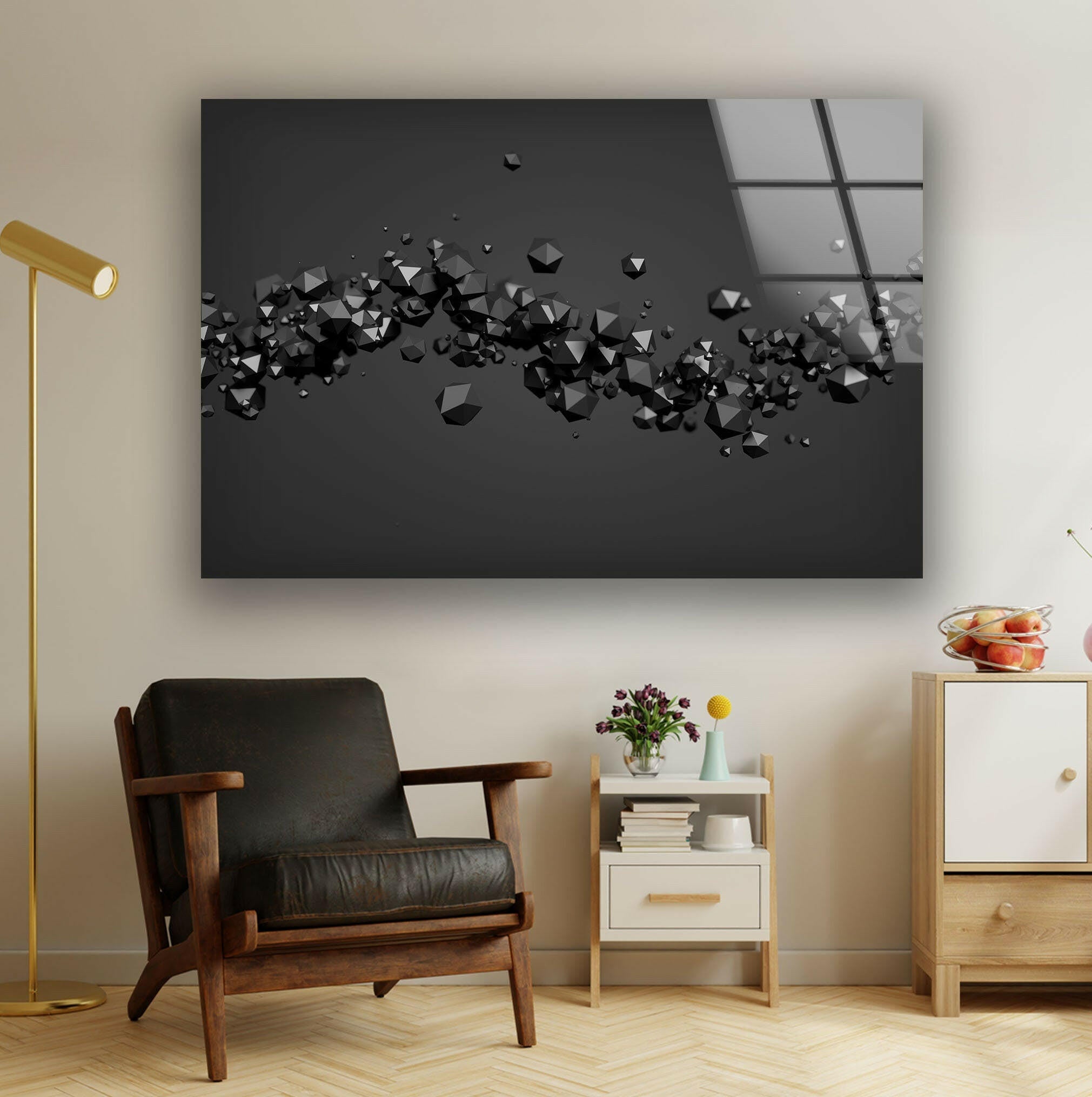 3D Abstract Diamond Glass Wall Art - Black Modern Home Decor for Living Room, Bedroom & Office