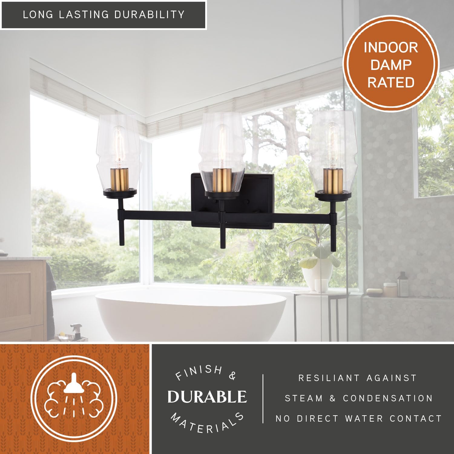 3-Light Black and Brass Mid Century Modern Bathroom Vanity Wall Sconce with Clear Glass Shades - Perfect for Vintage Style Bathrooms, Powder Rooms and Spa Retreats