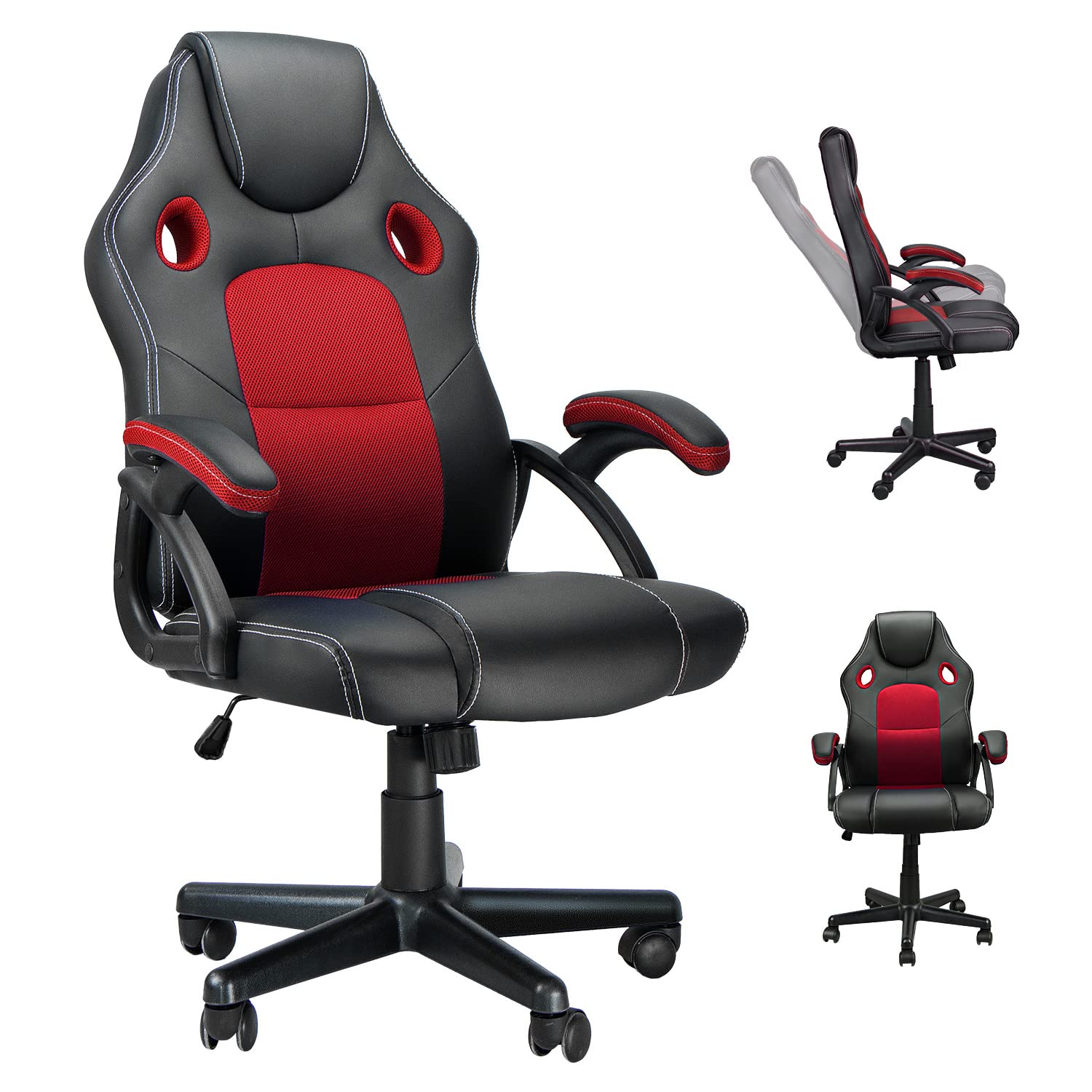 MUZII Gaming Computer Chair - Ergonomic PU Leather Video Game Chair with Adjustable Height & Wheels, Racing Style Office Desk Chair for Teens & Kids (Red) - Perfect for Gaming Setups, Home Office & Study Rooms