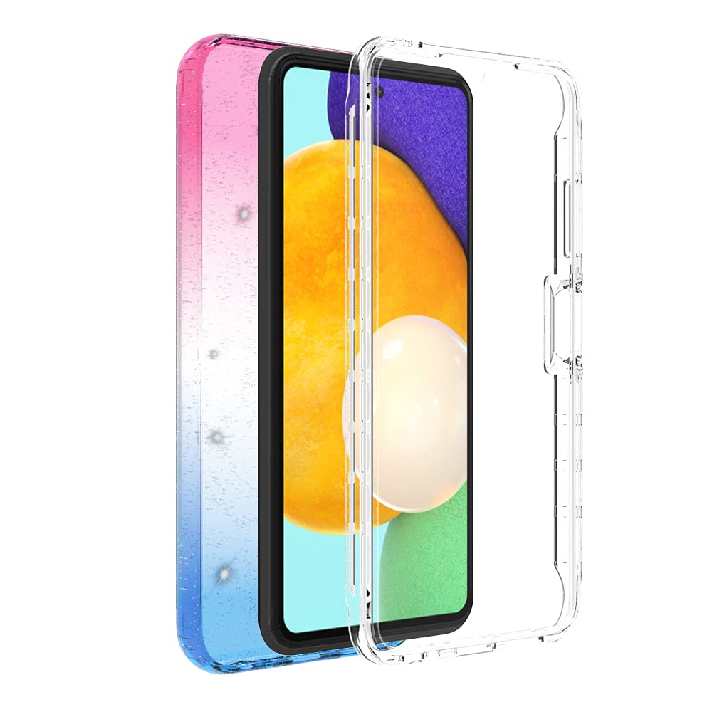 Samsung Galaxy A22 5G Phone Case with Built-in Screen Protector - Shockproof Hybrid Clear TPU Bumper Cover | Heavy Duty Protection | Glitter Pink & Blue Design | Perfect for Outdoor Activities, Travel & Daily Use