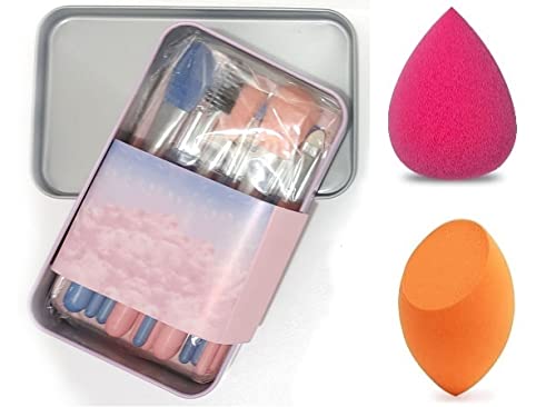 Premium Makena Fiber Bristle Makeup Brushes Set - 12 Piece Professional Cosmetic Brush Kit with Pink Metal Storage Case & 2 Beauty Blender Sponges (Multicolor) | Perfect for Foundation, Contouring, Eyeshadow & Daily Makeup Application