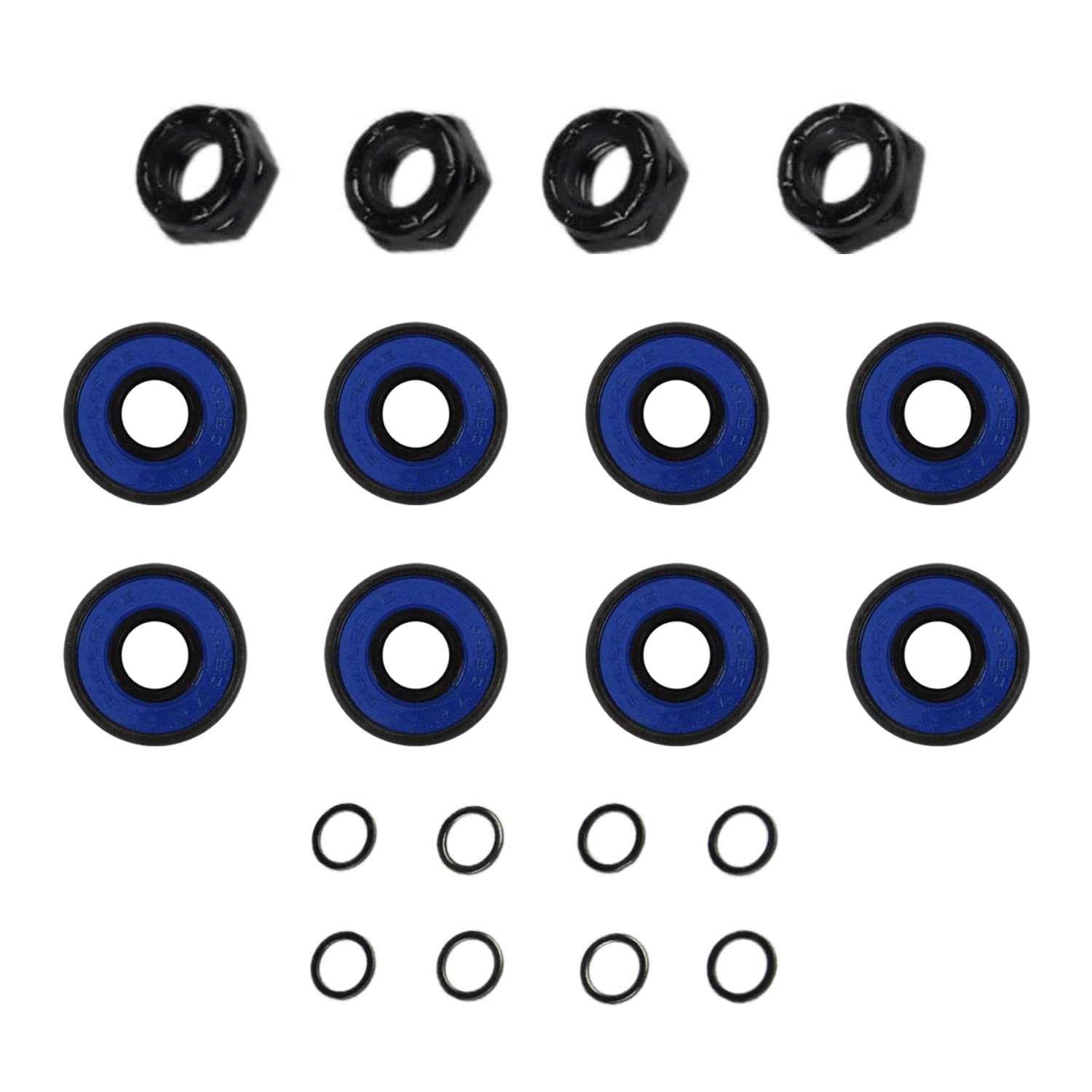 Premium Skateboard & Longboard Hardware Kit - High-Speed Precision Bearings, Shock Pads, Mounting Bolts, Axle Nuts, Spacers & Washers for Smooth Riding | Complete Maintenance & Upgrade Solution for Street, Park & Cruising