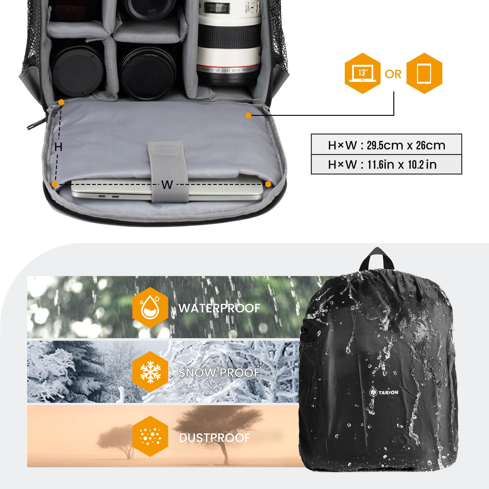 Professional Camera Backpack for Photographers - Waterproof DSLR Camera Bag with Laptop Compartment & Rain Cover, Fits Camera, Lens & Tripod (Grey, TB-S) - Perfect for Travel, Hiking & Outdoor Photography