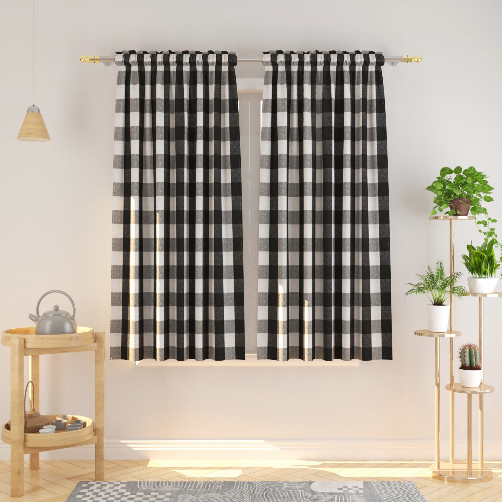 Buffalo Check Curtains 45 Inches - Black & White Cotton Gingham Plaid Window Drapes with Rod Pocket - Set of 2 Panels for Kitchen, Living Room, Bedroom & Basement - Perfect for Farmhouse, Rustic & Vintage Home Decor