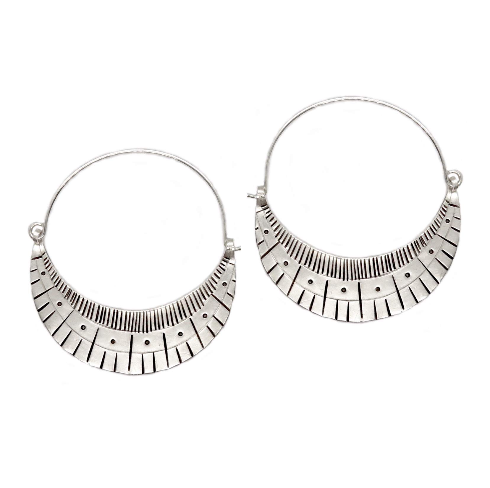 Handmade Sterling Silver Large Boho Statement Crescent Moon Hoop Earrings with Geometric Pattern Engraving | Unique Boho Chic Jewelry for Women | Perfect for Festivals, Parties & Everyday Wear