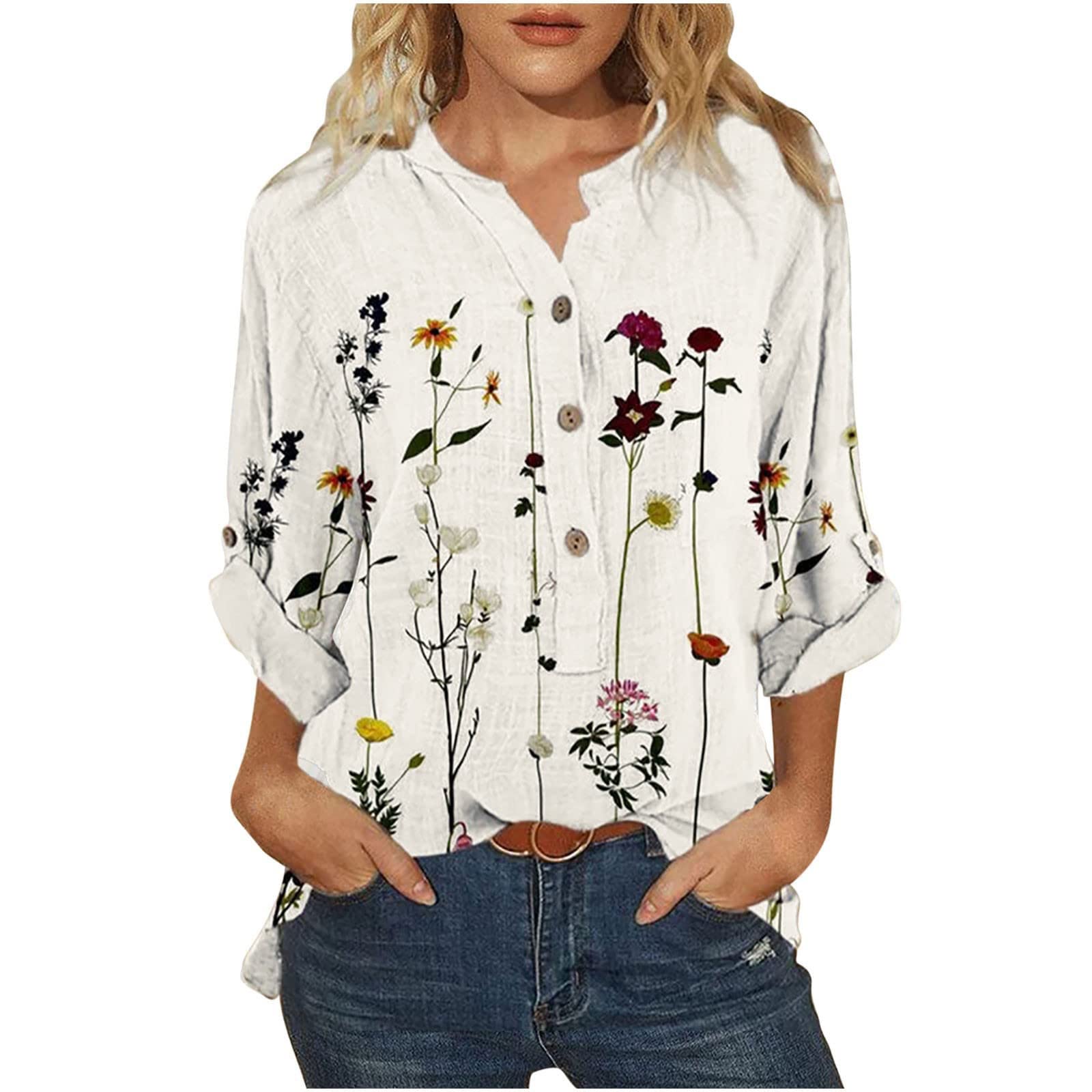 Women's V-Neck Long Sleeve Button Down Blouse - Printed Casual Basic Tee for Work & Office - Perfect for Teachers, Professionals and Business Casual Outfits