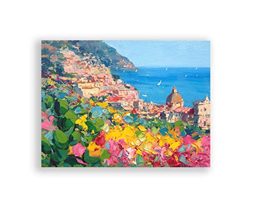 Positano Canvas Painting - Original Amalfi Coast Seascape Artwork with Floral Details | Small Wall Art for Bedroom Decor | Perfect Gift for Women, Housewarming & Italian Theme Interiors