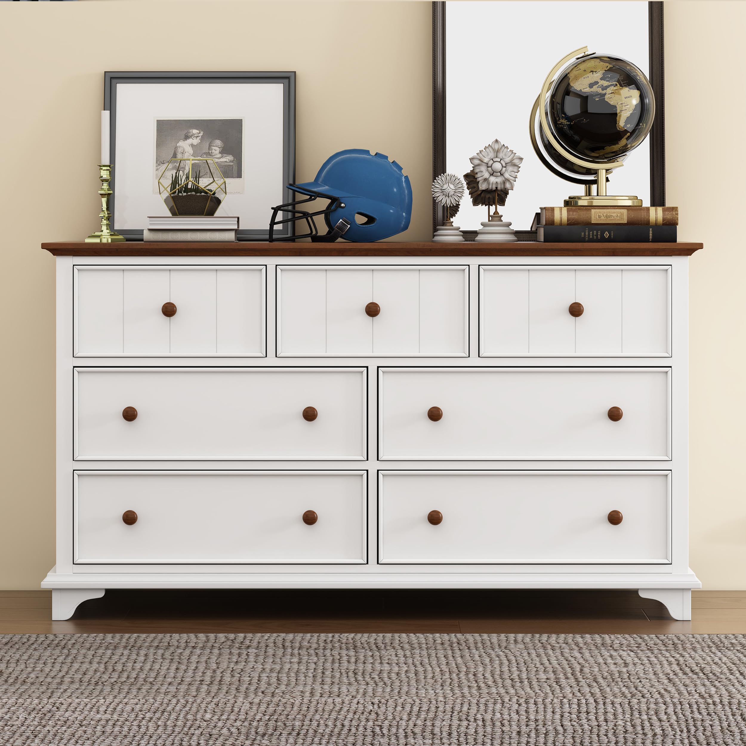 Modern Farmhouse Wood Bedroom Set - White & Walnut Twin Captain Bed with Trundle, Nightstand & 6-Drawer Dresser | Space-Saving Storage Solution for Small Bedrooms & Guest Rooms