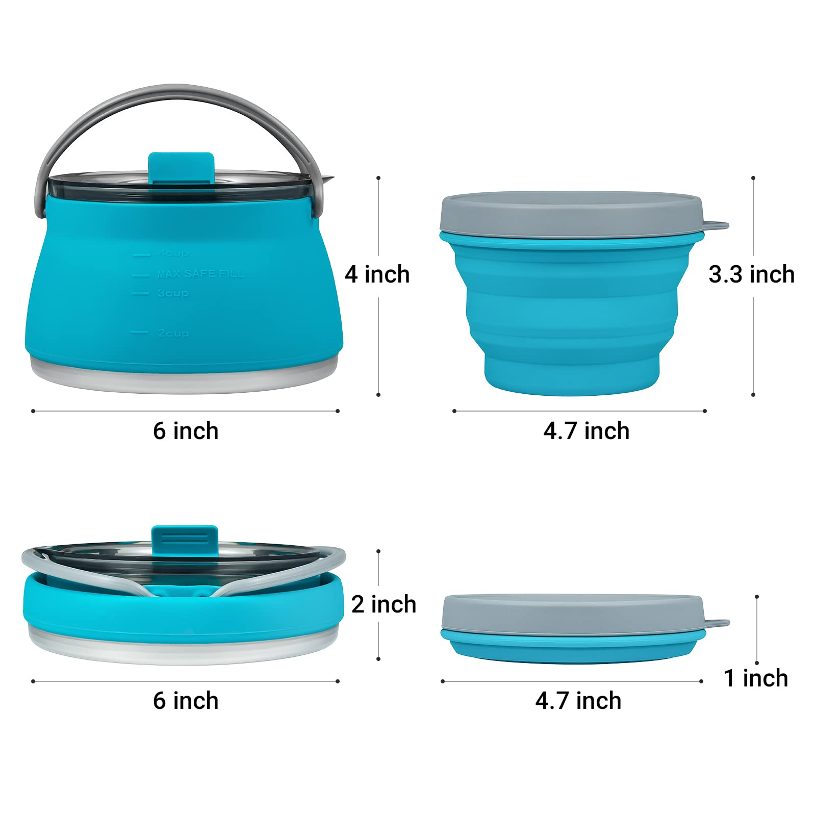 EEZEE Collapsible Camping Kettle - 1L Portable Silicone Travel Kettle with Lid & Blue Bowl - BPA-Free Foldable Water Boiler for Backpacking, Hiking & Outdoor Adventures - Compact Cook Pot for Camping, Picnics & Emergency Preparedness
