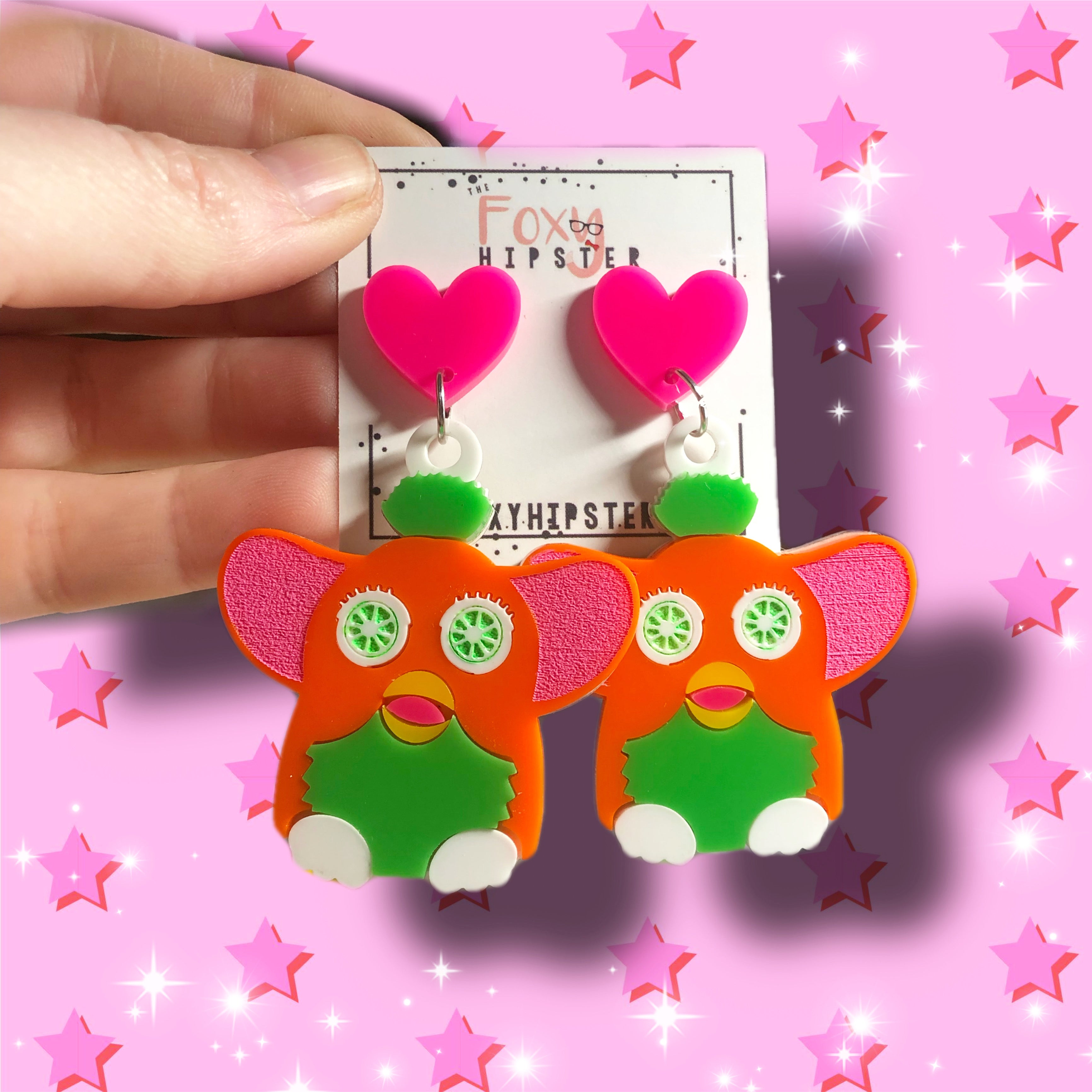 Stylish Orange and Green Furby Dangle Earrings for Women - Trendy Cartoon Character Jewelry for Cosplay, Parties & Gifts