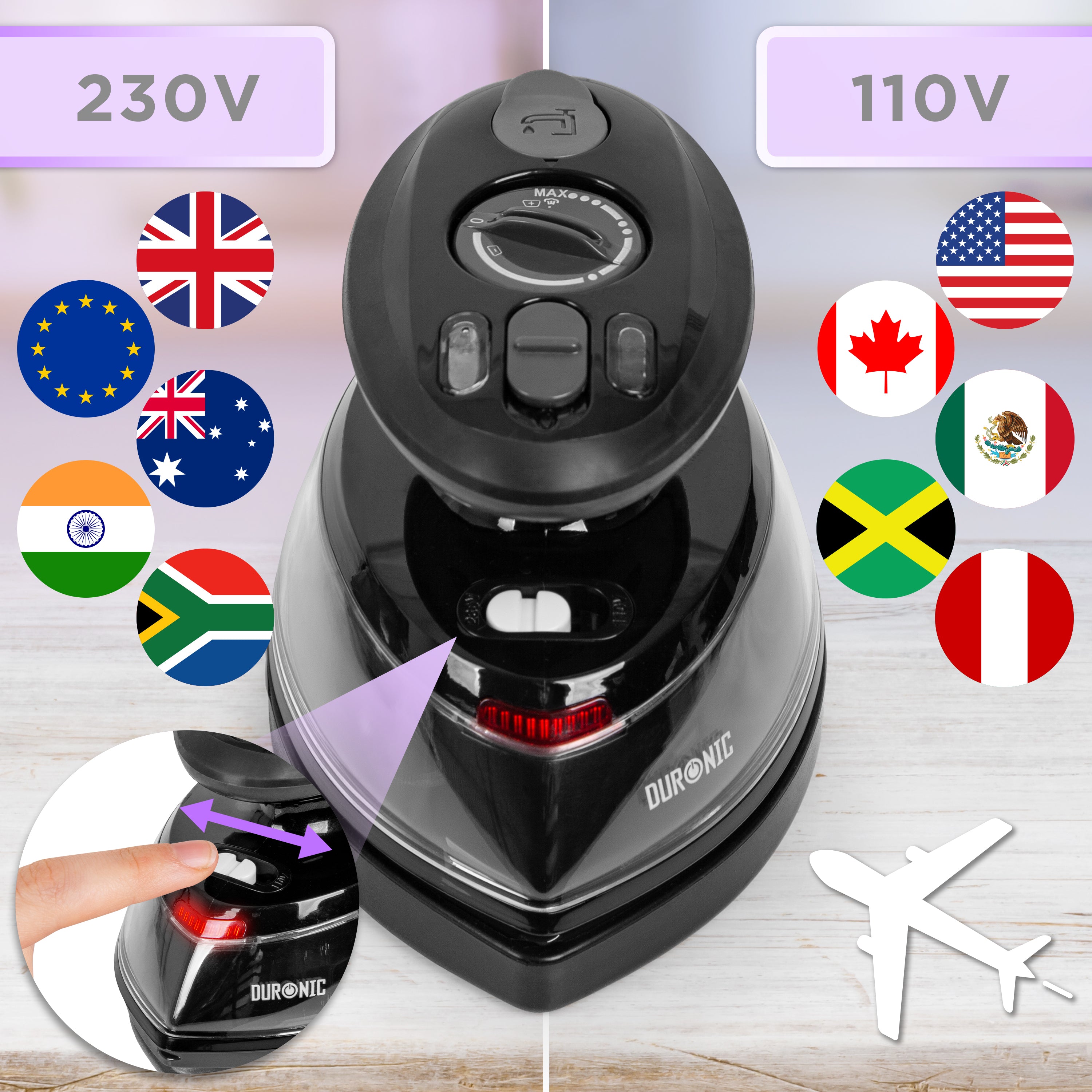 Duronic SI3 BK Mini Travel Iron - 35ml Tank, 400W Portable Steam Iron with Adjustable Heat Settings | Lightweight & Compact for Travel, Quilting, Patchwork, Applique & Craft Projects | Perfect for Hotels, Camping & Small Spaces