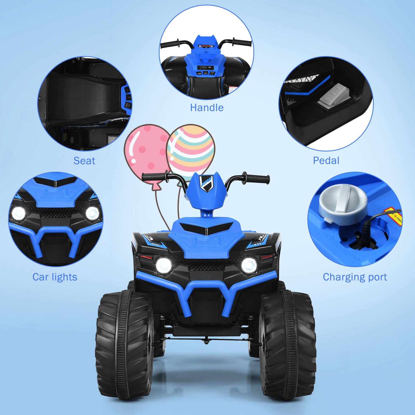 OLAKIDS 12V Kids Electric ATV Quad Bike - 4 Wheeler Ride On Toy Car for Boys & Girls Ages 3-8 with LED Lights, Music, Horn & Dual Speed - Battery Powered Outdoor Play Vehicle (Blue) - Perfect for Backyard Fun, Birthday Gifts & Outdoor Adventures