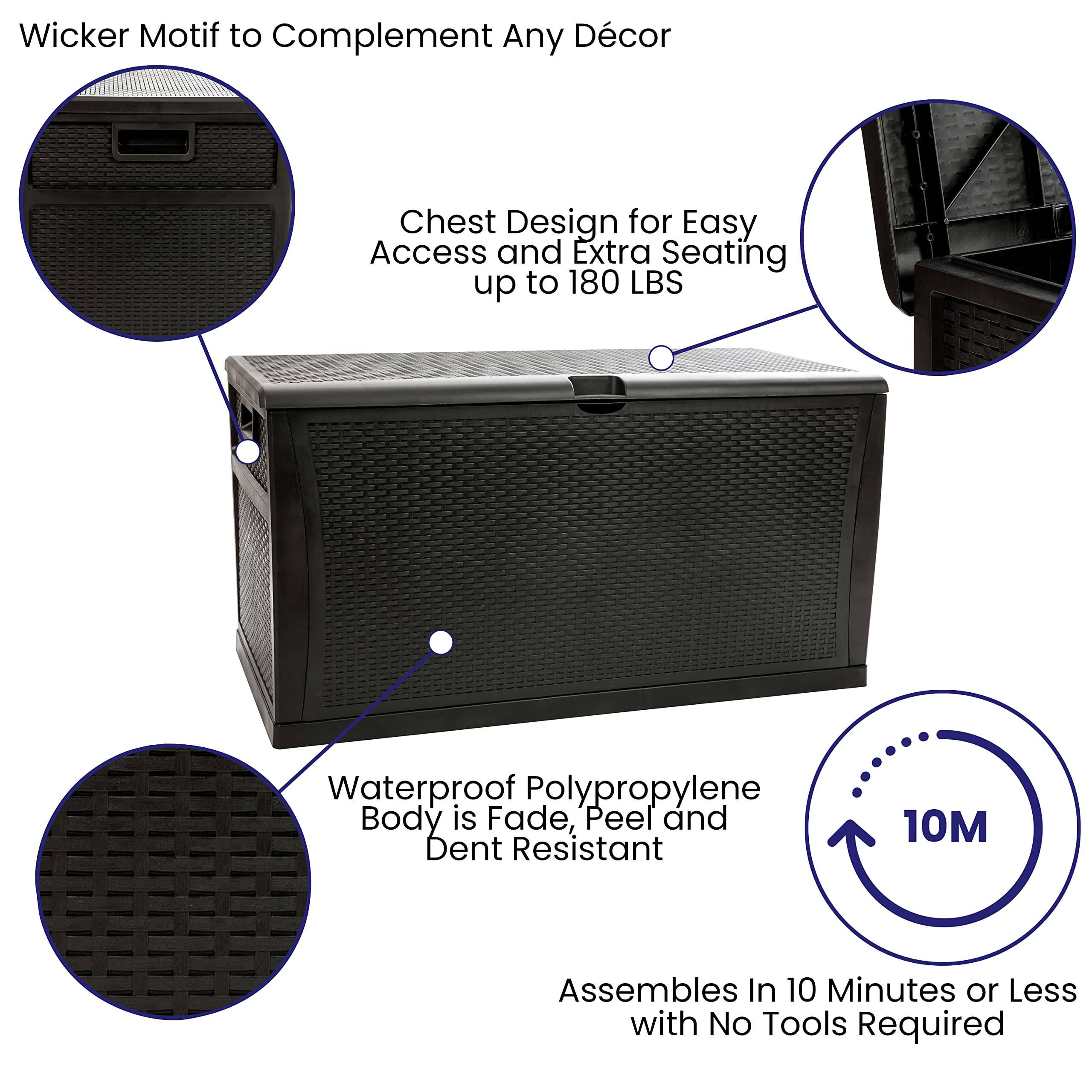 EMMA + OLIVER 120 Gallon Black Plastic Deck Box - Outdoor Patio Storage Solution for Cushions, Pool Toys & Garden Tools | Weather-Resistant Deck Organization for Backyard, Poolside & Patio