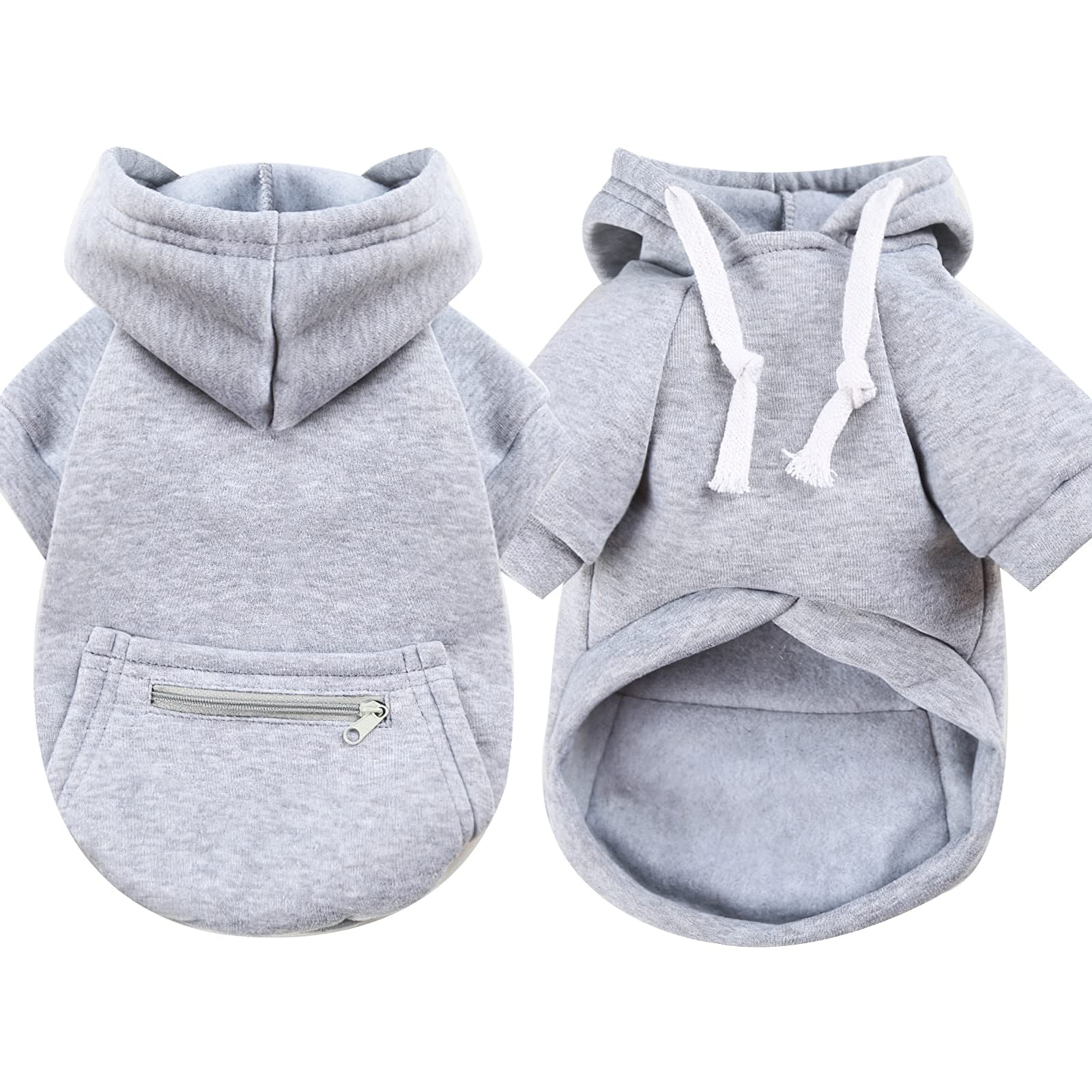 Dog Hoodie with Zipper Pocket & Drawstring - Fashionable Pet Sweater for Small Breed Dogs & Cats - Soft & Comfortable Puppy Clothes (Grey, Small) - Perfect for Outdoor Walks, Winter Wear & Pet Fashion