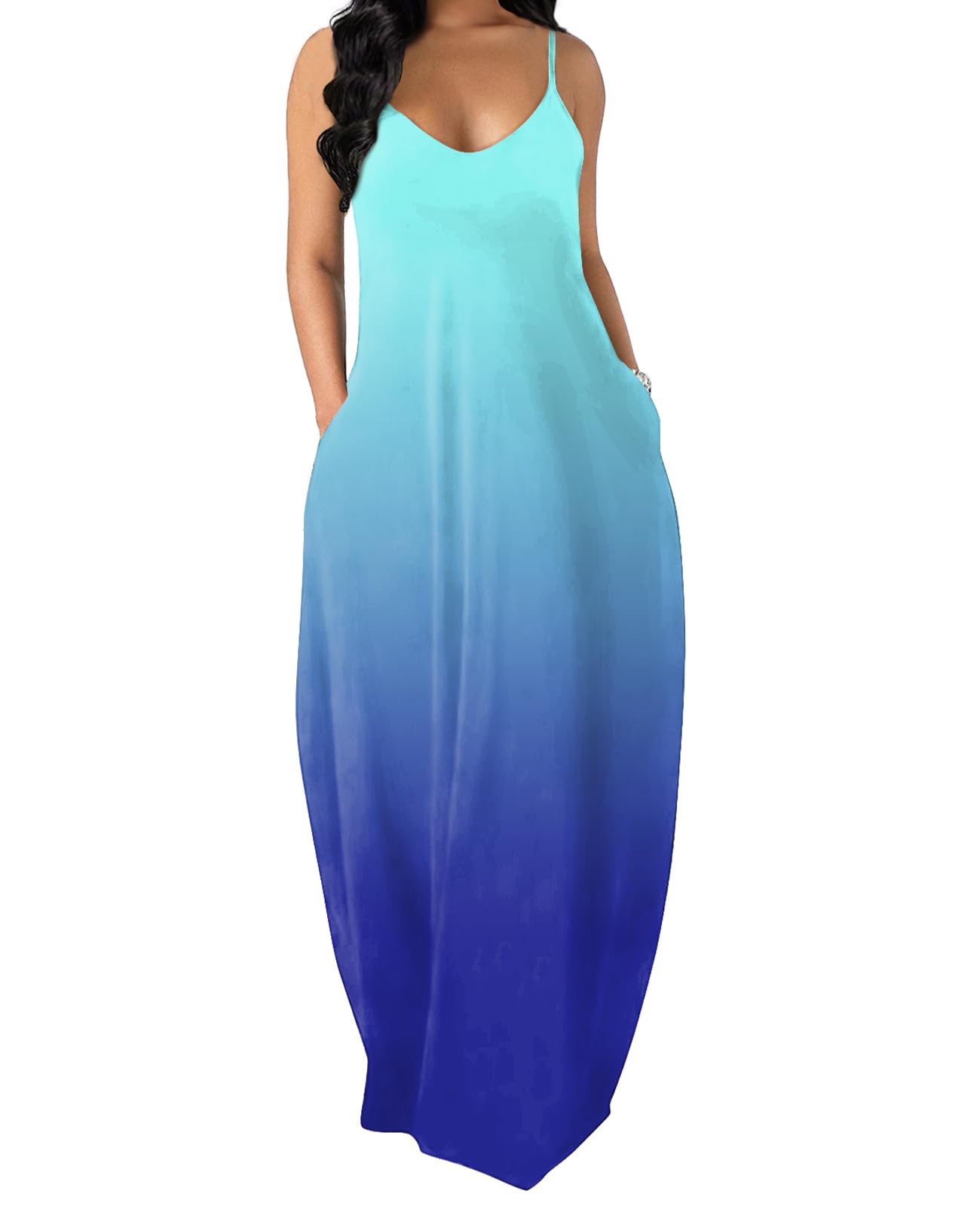 OFEEFAN Women's Summer Maxi Dress - Spaghetti Strap Flowy Long Dress with Pockets | Beach Cover Up, Vacation Outfit, Casual Sundress for Outdoor Activities