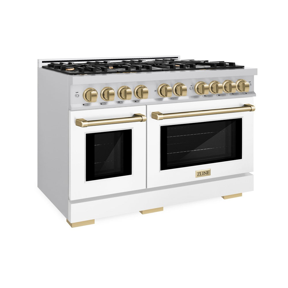 ZLINE Autograph Edition 48-Inch 6.7 cu. ft. Select Double Oven Gas Range with 8 Burner Cooktop - Stainless Steel with White Matte Doors & Champagne Bronze Accents (HGRZ WM 48 CB) - Perfect for Large Kitchens & Professional Cooking