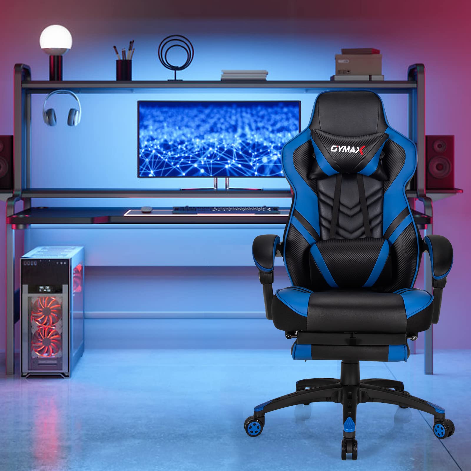 Ergonomic Blue Gaming Chair for Adults & Teens - High Back Racing Style Computer Desk Chair with Reclining, Retractable Footrest, Lumbar Support & Headrest - Perfect for Esports, Streaming & Home Office Setup