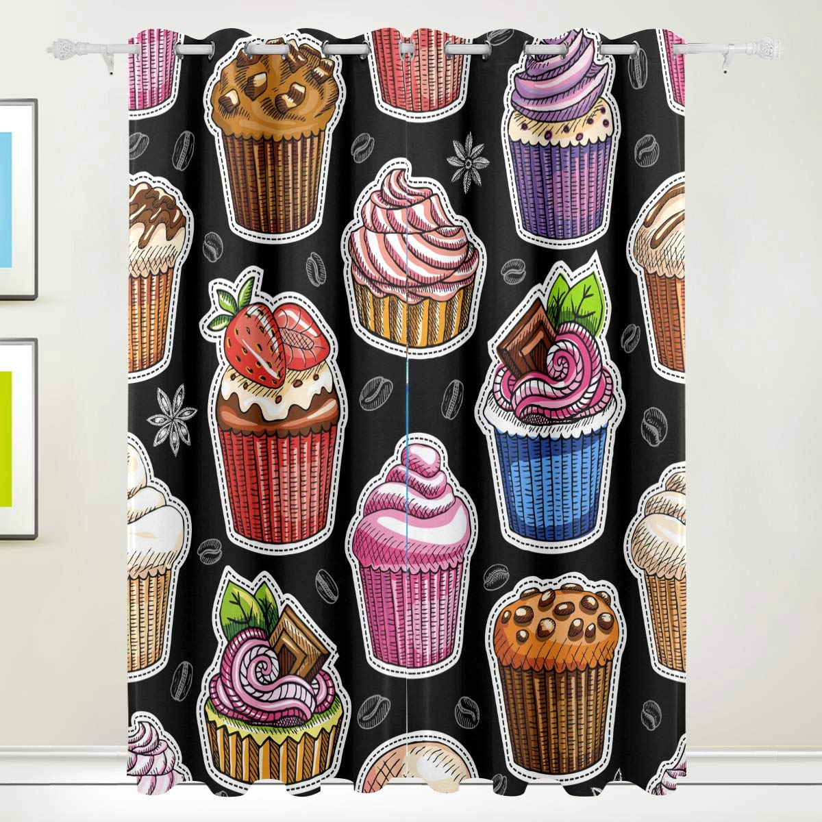 Blackout Curtains for Bedroom - Thermal Insulated Darkening Window Panels (72x55 Inch, 2 Panels) | Cupcake Design for Nursery, Kids Room & Studio | Noise Reducing & Energy Saving Home Decor