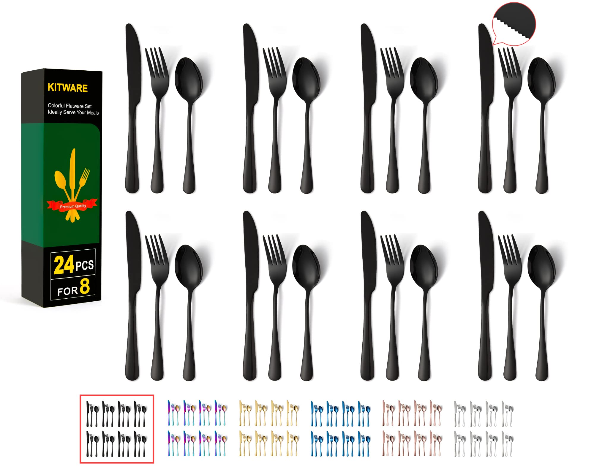 24-Piece Stainless Steel Flatware Set - Knives, Forks & Spoons for 8 People | Durable Black Silverware for Home, Restaurant, Hotel | Perfect for Travel, Picnics, Lunchboxes & Outdoor Dining