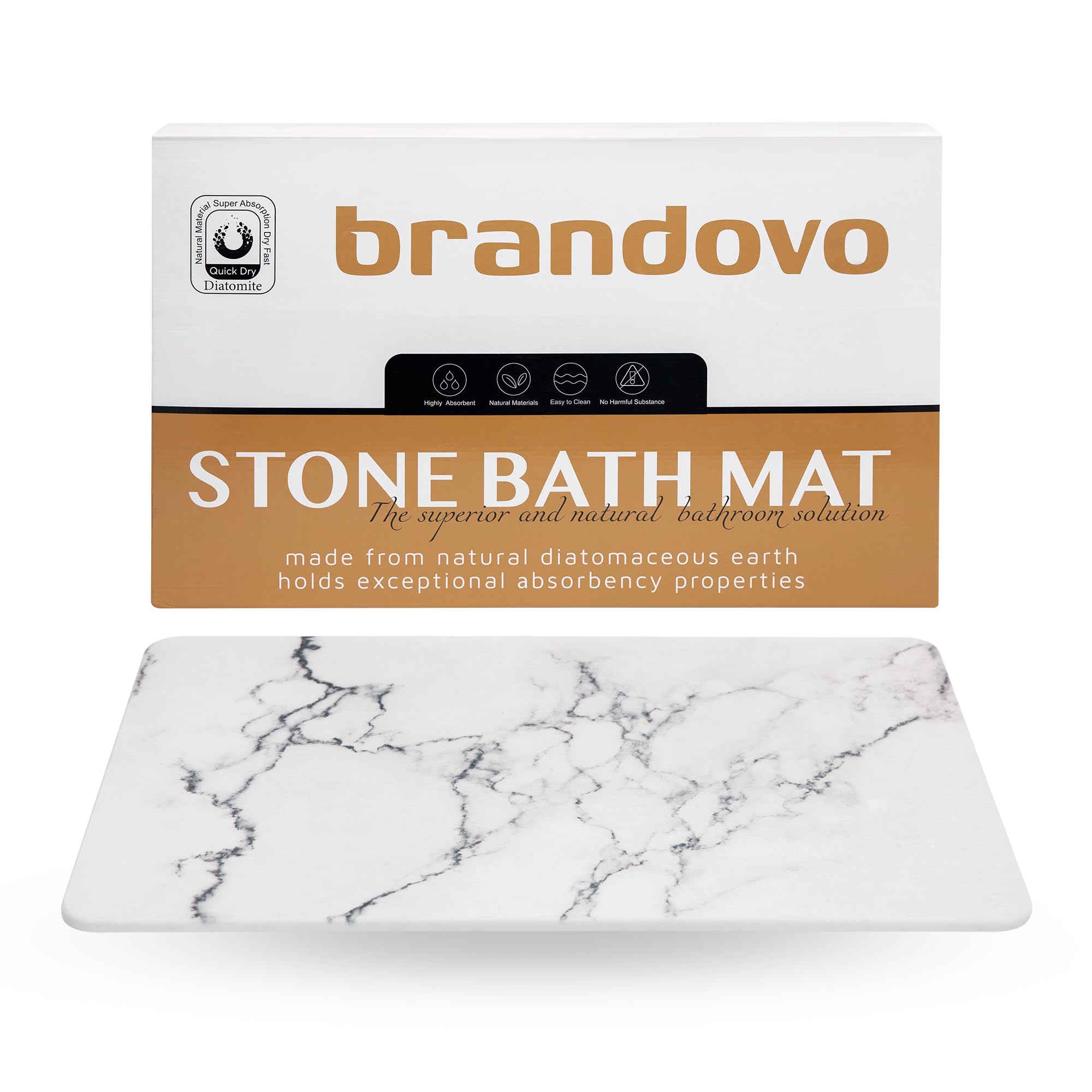 BRANDOVO Premium Diatomaceous Earth Bath Mat - Fast Drying Stone Bath Mat for Shower & Bathroom - Non-Slip Luxury Bath Accessories - Perfect for Spa, Hotel & Home Use (Marble White)