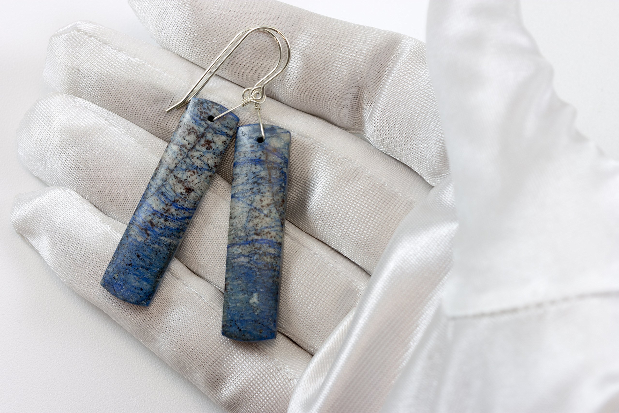 Azurite Earrings for Women - Lightning Blue Marbled Rectangle Long Smooth Matte Drop Earrings - Elegant Dangle Earrings for Party, Wedding & Everyday Wear