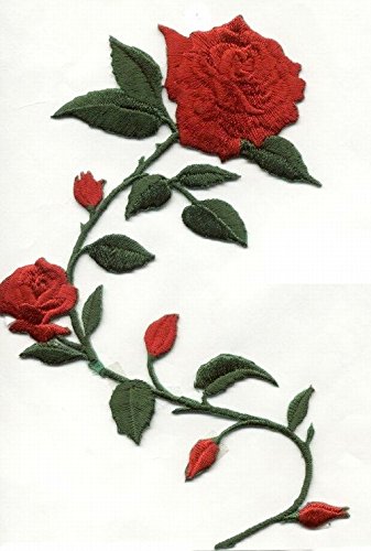 Red Roses on Stem Facing Left Embroidered Iron On Patch - DIY Clothing Decoration for Jackets, Hats & Bags