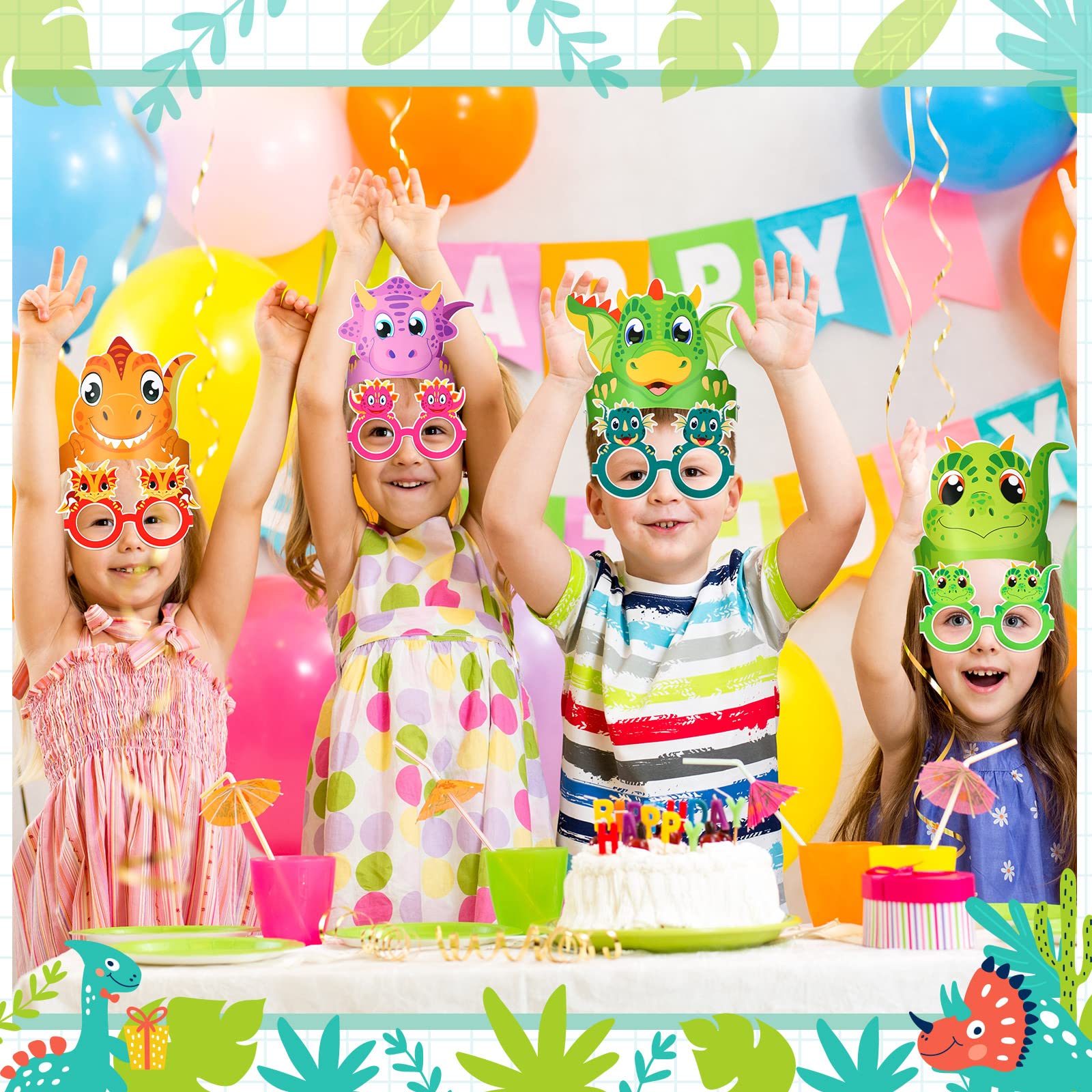 48-Piece Dinosaur Birthday Party Supplies Set - Includes Dino Paper Hats, Adjustable Sunglasses & 24 Ropes - Perfect for Kids' Dinosaur Theme Parties, Christmas Gifts & Photo Props - Great for Birthday Decorations, Classroom Activities & Jurassic-Themed Events
