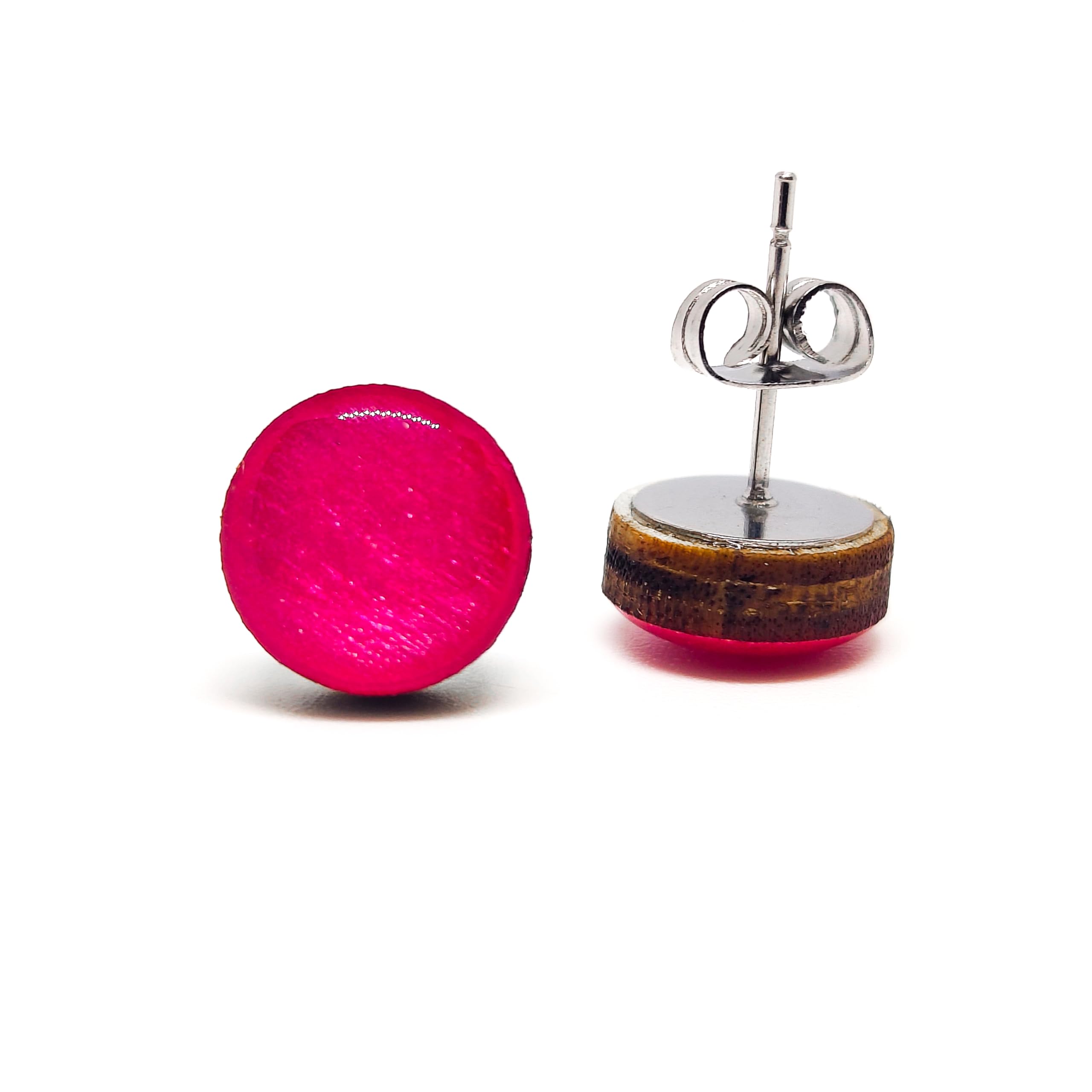 Handmade Stud Earrings for Women & Men - 10mm Shimmer Stainless Steel Earrings for Sensitive Ears | Hot Pink Shimmer | Perfect for Daily Wear, Parties & Gifts