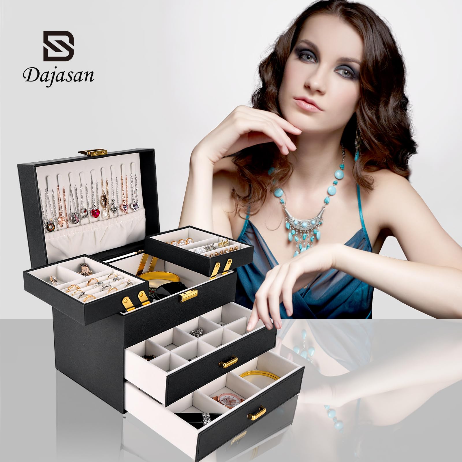 Dajasan 4-Layer Jewelry Box Organizer for Women - Large Jewelry Storage Case for Earrings, Rings, Necklaces & Bracelets - Perfect for Bedroom Vanity, Travel & Gift (Black)