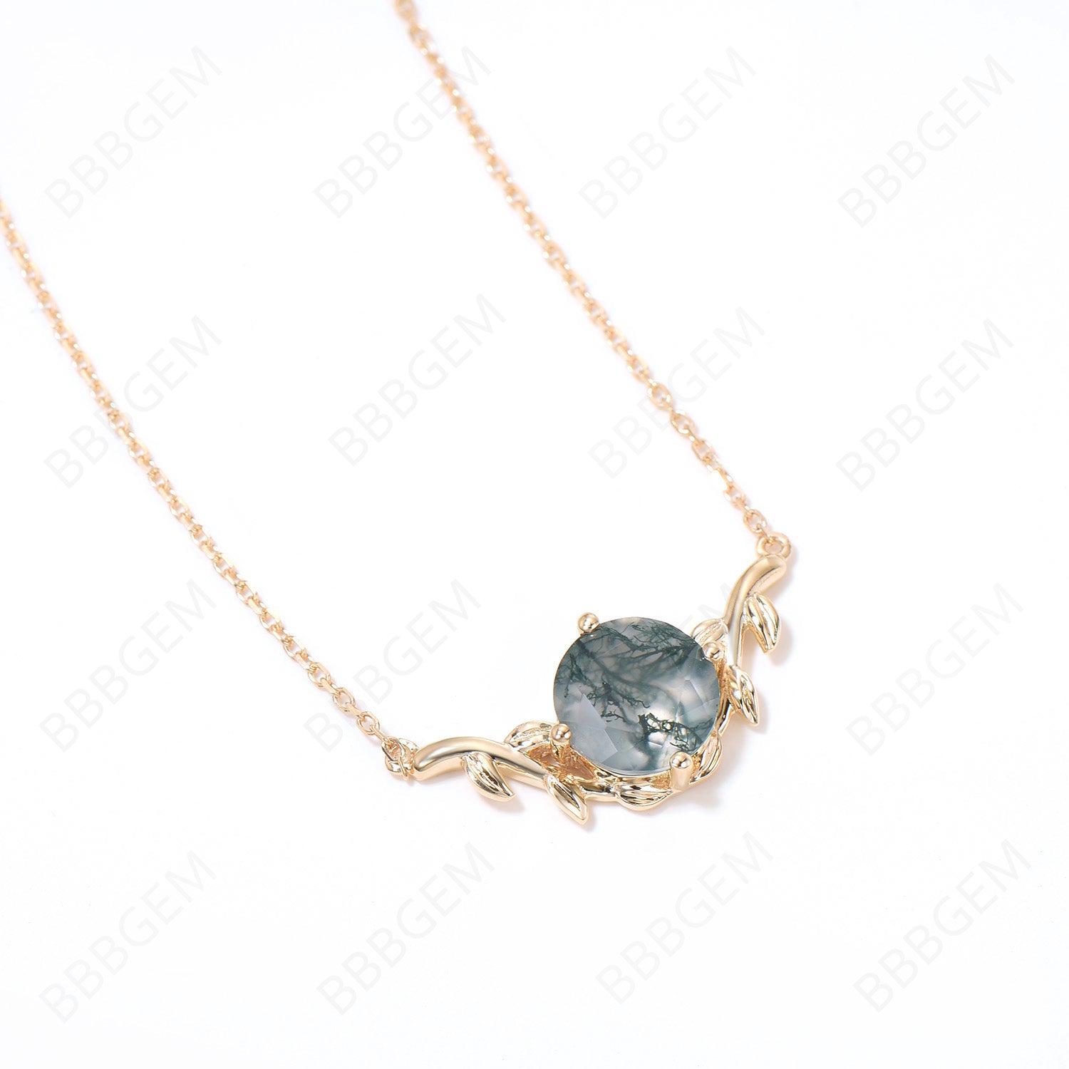 8mm Round Moss Agate Necklace - Nature Inspired Branch Leaf Pendant in Yellow Gold - Green Moss Agate Jewelry for Women - Perfect Birthday Gift for Nature Lovers & Boho Style
