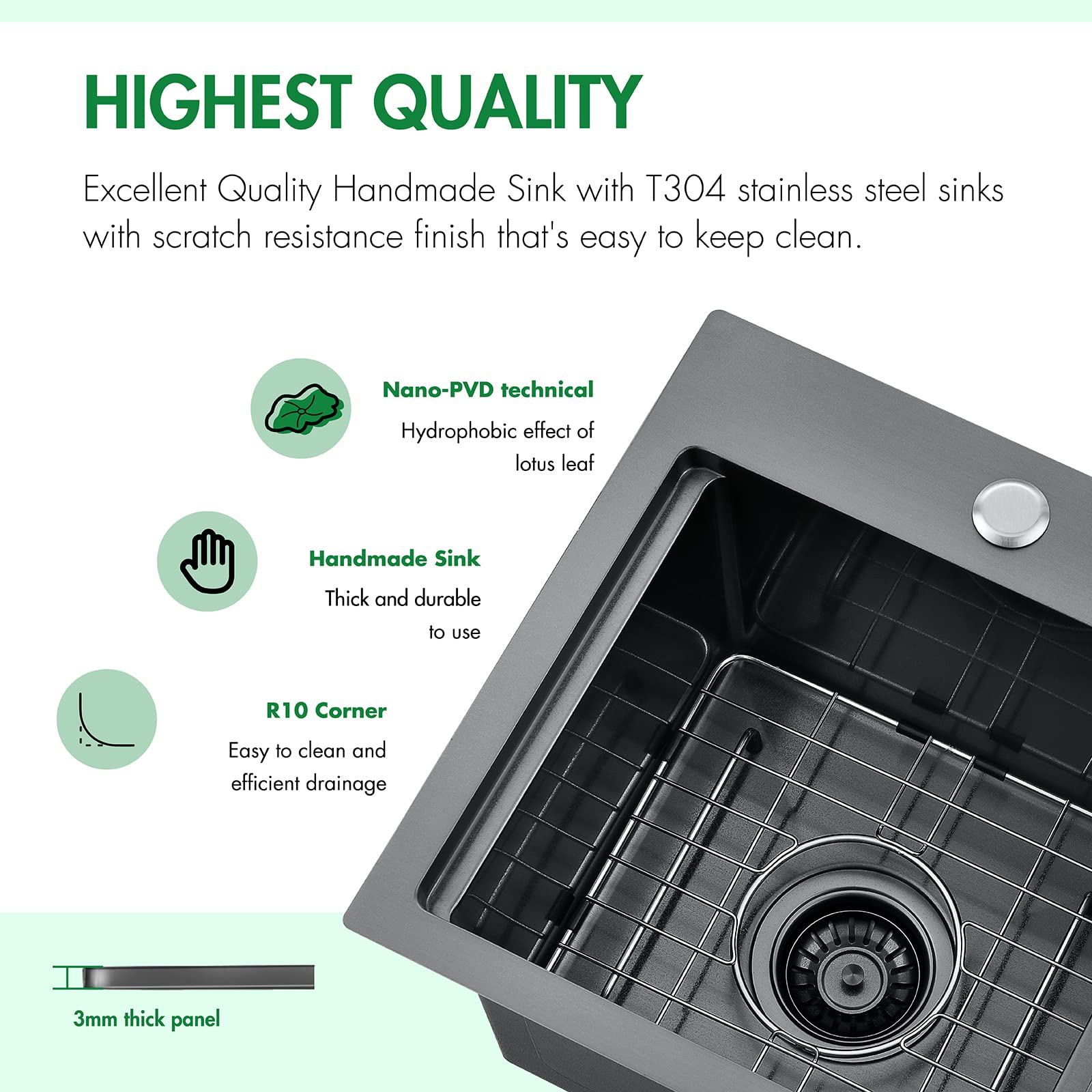15 x 15 x 10 Inch Gunmetal Black Drop-in Kitchen Sink - 16 Gauge Stainless Steel Small Bar Prep Sink with Cutting Board | Perfect for Compact Kitchens, RV Bars & Food Preparation Stations