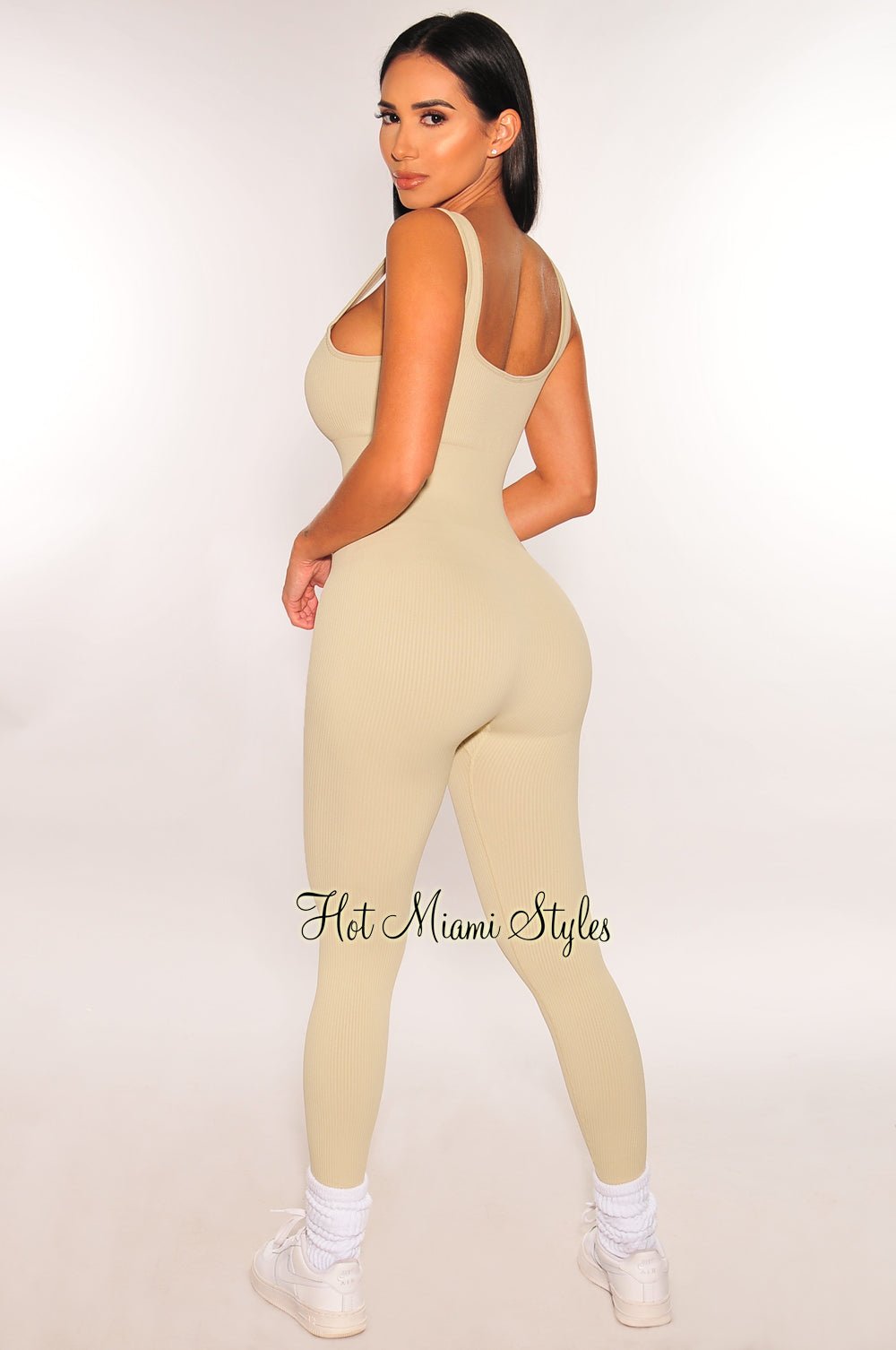 HMS Fit Seamless Ribbed Padded Jumpsuit - Nude Color Snatched Bodycon Outfit for Women | Perfect for Gym, Night Out & Casual Wear