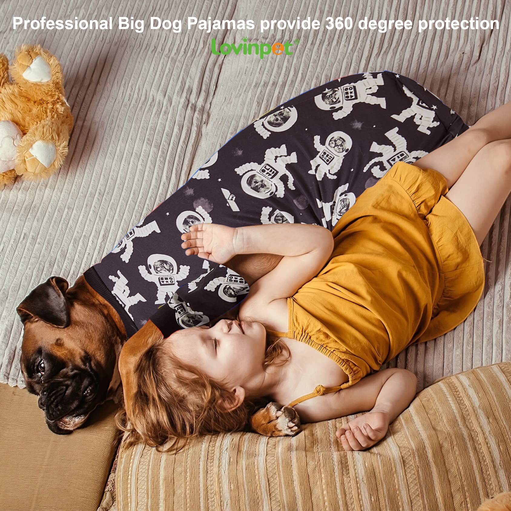 LovinPet Dog Pajamas for Large Breeds - Slim Fit Lightweight Pullover PJs with Full Coverage, Outer Space Astronaut Print - Perfect for Pitbulls & XL Dogs (2XL) - Cozy Nightwear for Indoor Lounging & Cute Photo Ops