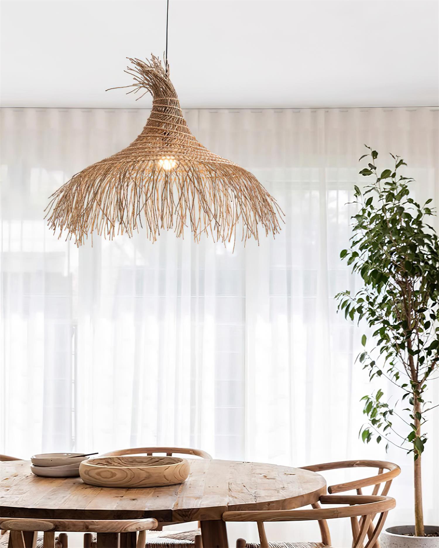Handmade Pipa Natural Wood Pendant Light - Modern Boho Ceiling Fixture for Living Room, Bedroom, or Dining Area