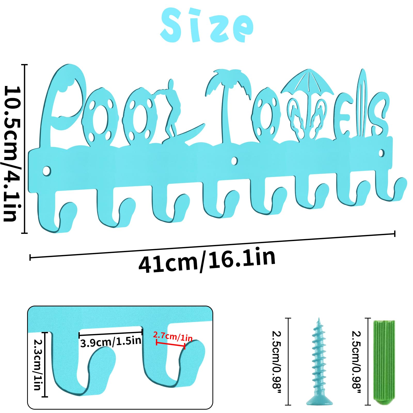 Outdoor Pool Towel Rack Wall Mount - Heavy Duty Metal Towel Holder for Swimming Pool Area - Rustproof Bath Towel Hanger Organizer with Hooks - Perfect for Poolside, Beach House & Backyard Decor (Blue)