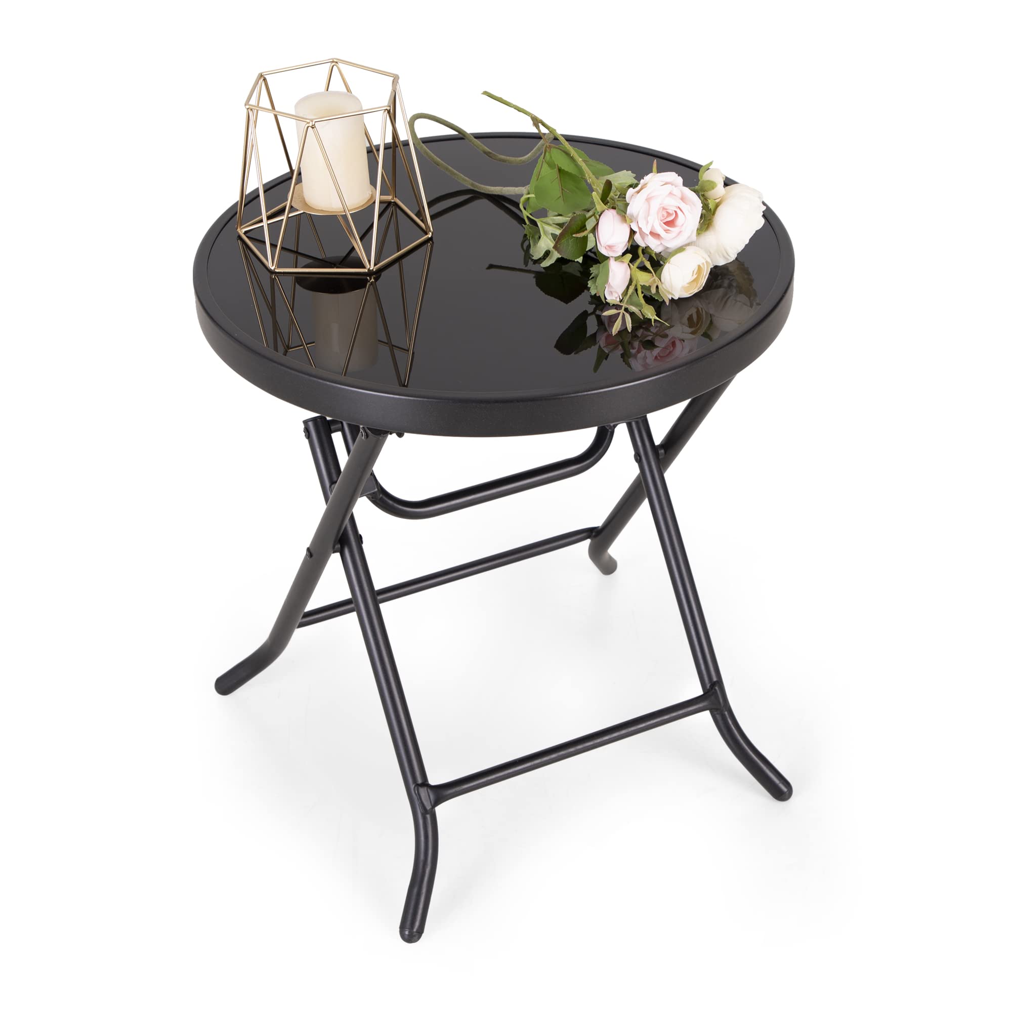 MFSTUDIO 18-inch Black Folding Portable Round Bistro Coffee Table - Tempered Glass Metal End Table for Indoor & Outdoor Use - Perfect for Garden, Backyard, Lawn, Poolside, and Patio Decor