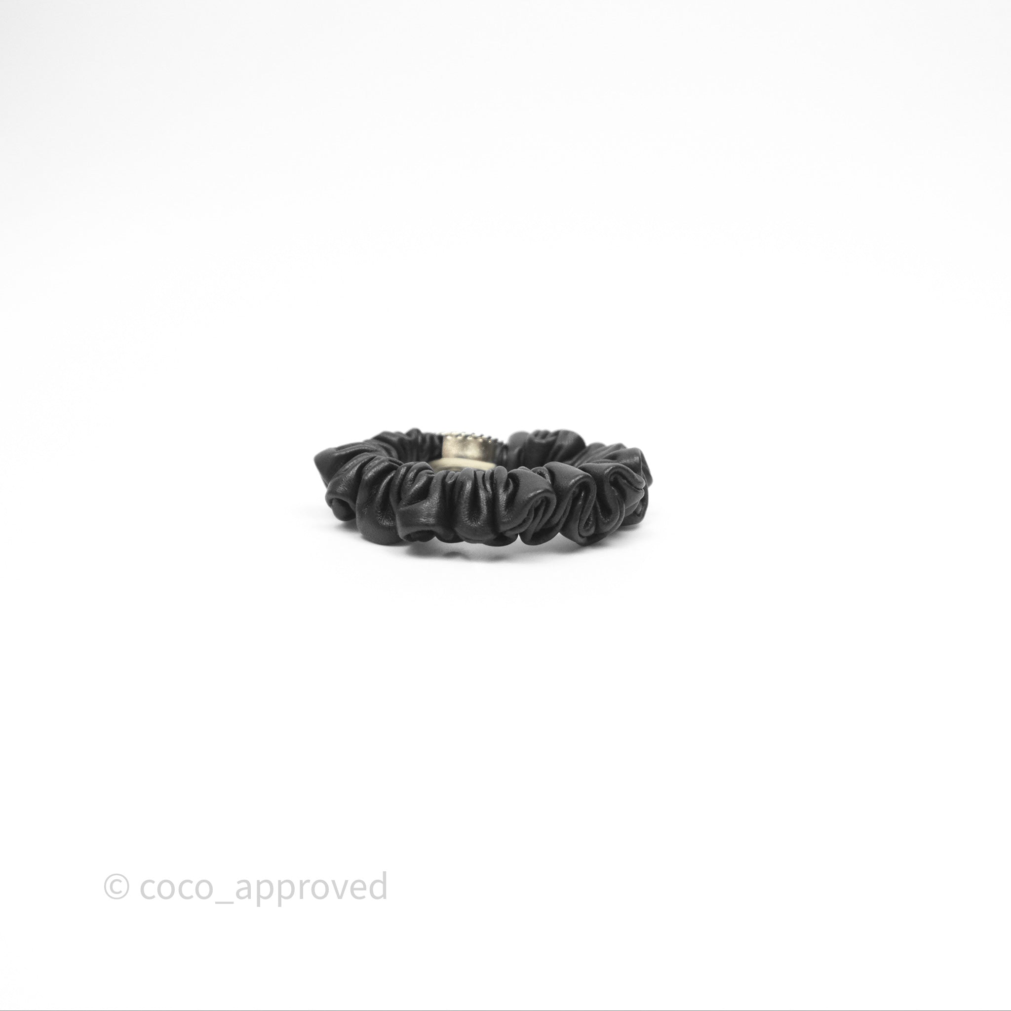 Chanel CC Logo Black Leather Scrunchie Hair Tie with Gold Tone Hardware - Elegant Hair Accessory for Women, Perfect for Parties, Weddings & Everyday Wear