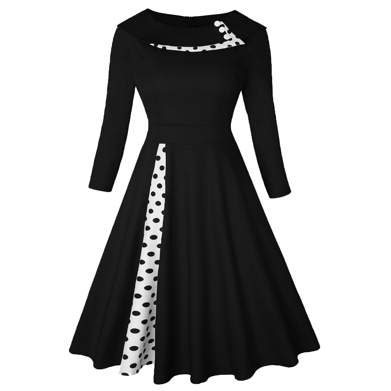 Women's Casual Round Neck Patchwork Midi Dress with Polka Dot Print & Ruffled A-Line Hem - 2022 Fashion Trendy Floral Summer Dress for Party, Date Night & Office Wear